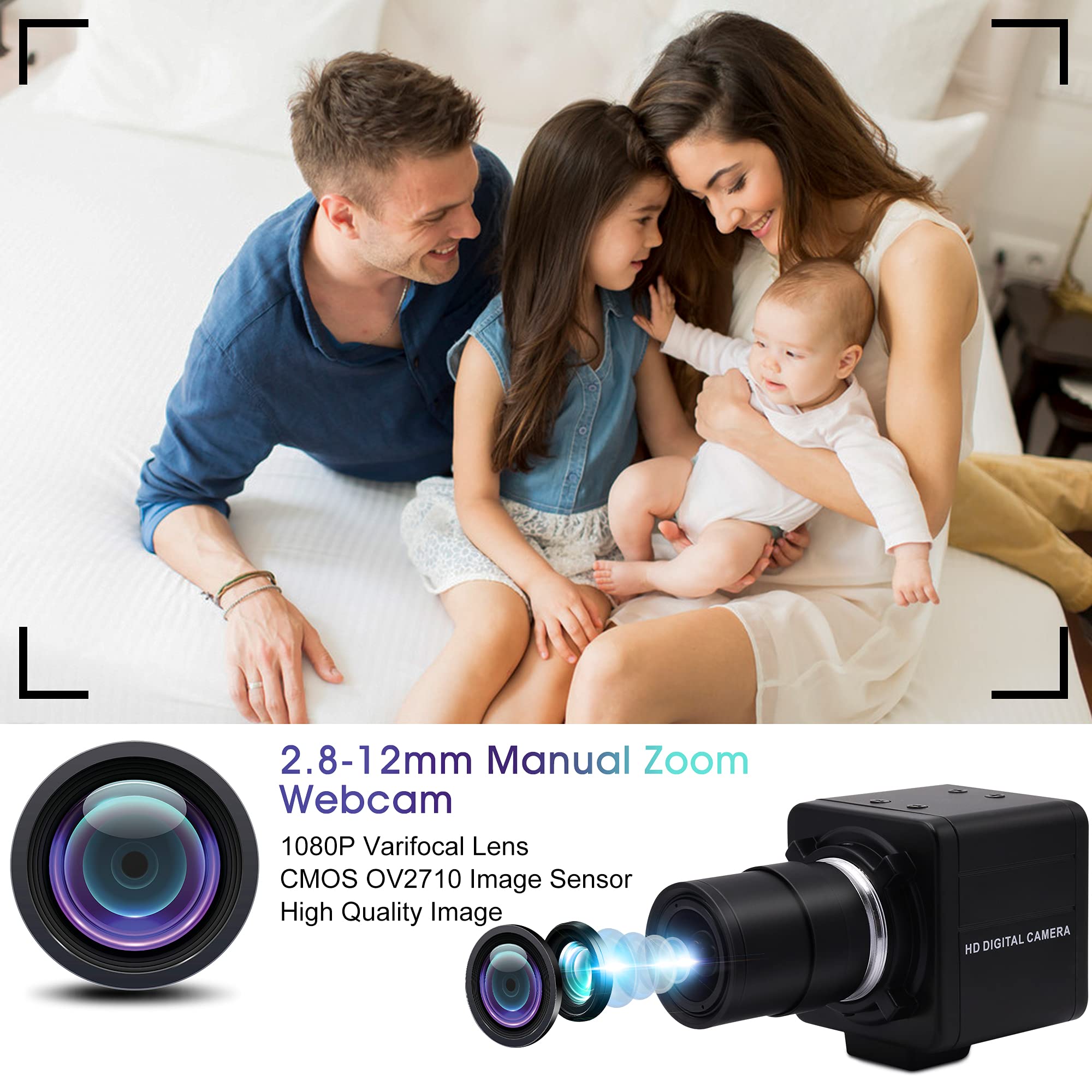 1080P HD USB Webcam with 2.8-12mm Varifocal Zoom Lens - High Speed UVC USB 2.0 Computer Camera for Video Conferencing, Live Streaming & Close-up Industrial Inspection (100fps/60fps) - Perfect for Remote Work, Online Classes & Content Creation