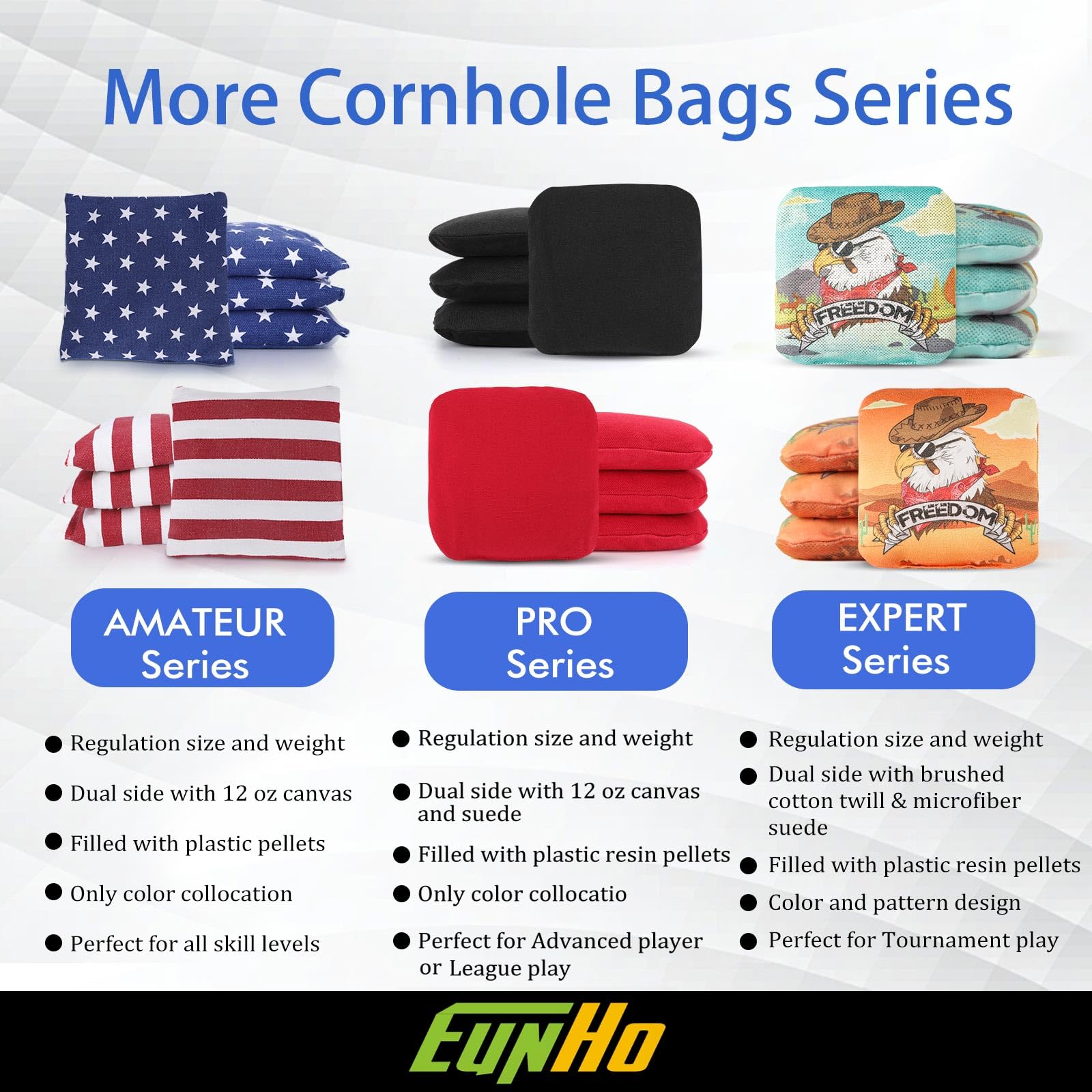 EunHo Professional Regulation Cornhole Bags Set of 8 - Dual Sided Slick & Stick Bean Bags for Outdoor Tossing Games - All Weather Durable for Backyard, Tailgating, and Beach Parties