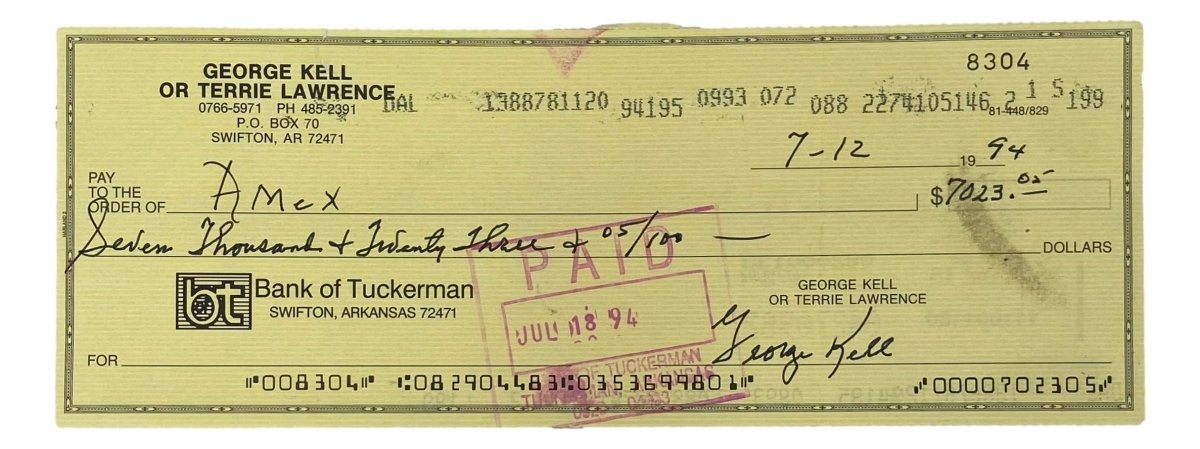 Authentic George Kell Detroit Tigers Signed Bank Check #8304 - Rare Sports Memorabilia for Collectors & Fans - Perfect for Display in Home, Office, or Man Cave
