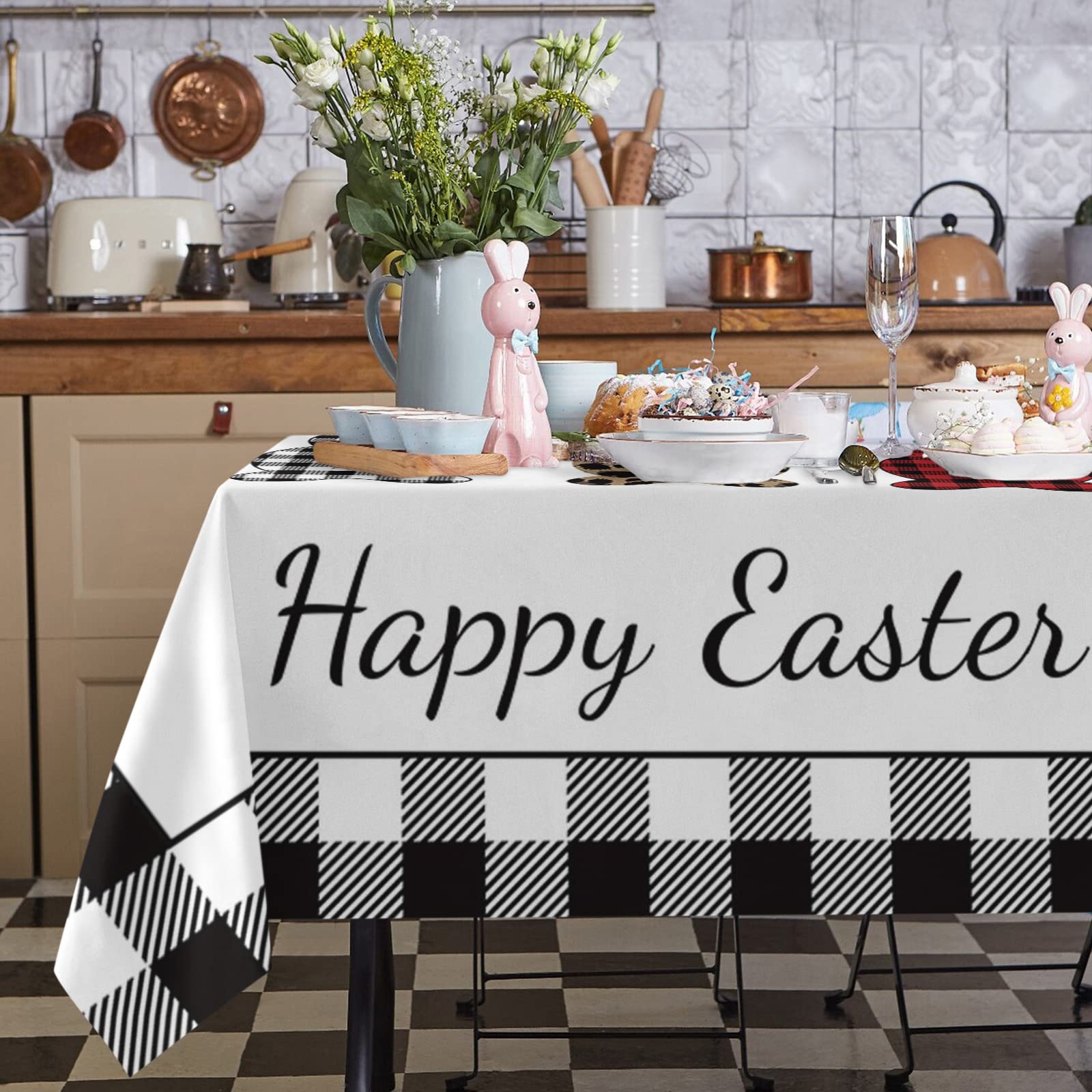 Easter Bunny Tablecloth - Black and White Buffalo Plaid Waterproof Table Cover for Kitchen, Dining Room, Party, Hotel Banquet (52x70 Inches) - Spring Rabbit Grid Leopard Decor for Easter Celebrations, Holiday Gatherings & Home Decor
