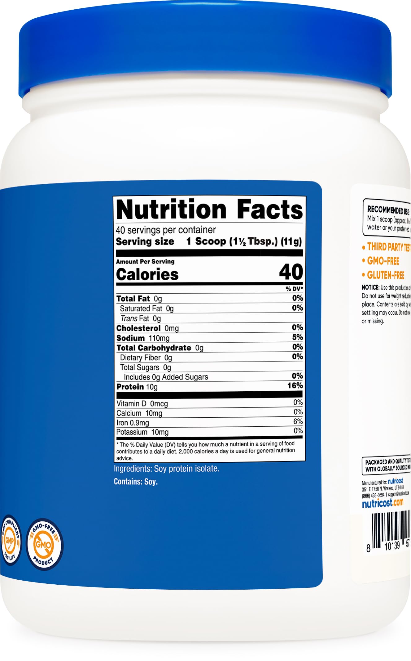 Nutricost Soy Protein Isolate Powder 1 LB - Unflavored Vegan Protein Powder, 10g Protein Per Serving, Non-GMO, Gluten Free for Smoothies, Baking & Post-Workout Recovery