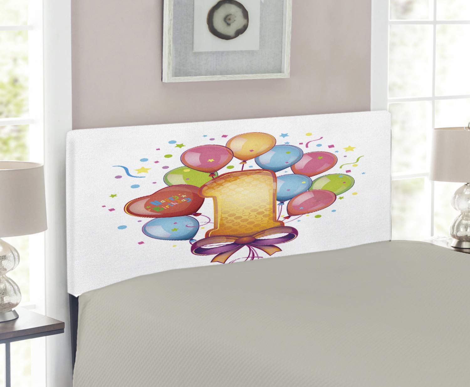 Ambesonne Vintage Themed 1st Birthday Twin Headboard - Colorful Balloon, Star & Dot Design Upholstered Metal Bed Frame with Memory Foam | Perfect for Nursery Decor, Kids' Room & Birthday Party Backdrop