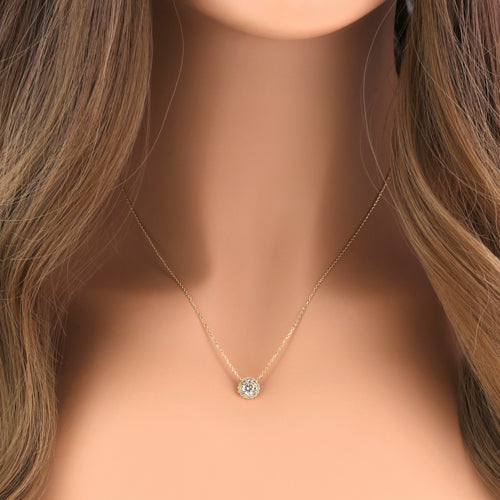 14K Yellow Gold Round Halo CZ Necklace for Women - Elegant Cubic Zirconia Pendant Jewelry Gift for Birthday, Anniversary & Valentine's Day