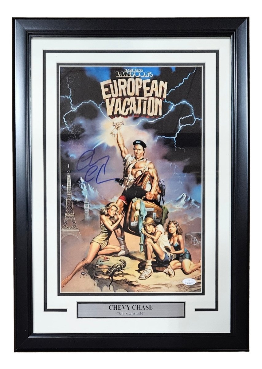 Chevy Chase Autographed Blue Framed 11x17 European Vacation Movie Photo with JSA Hologram COA - Perfect for Film Memorabilia Collectors and Vacation-Themed Home Decor
