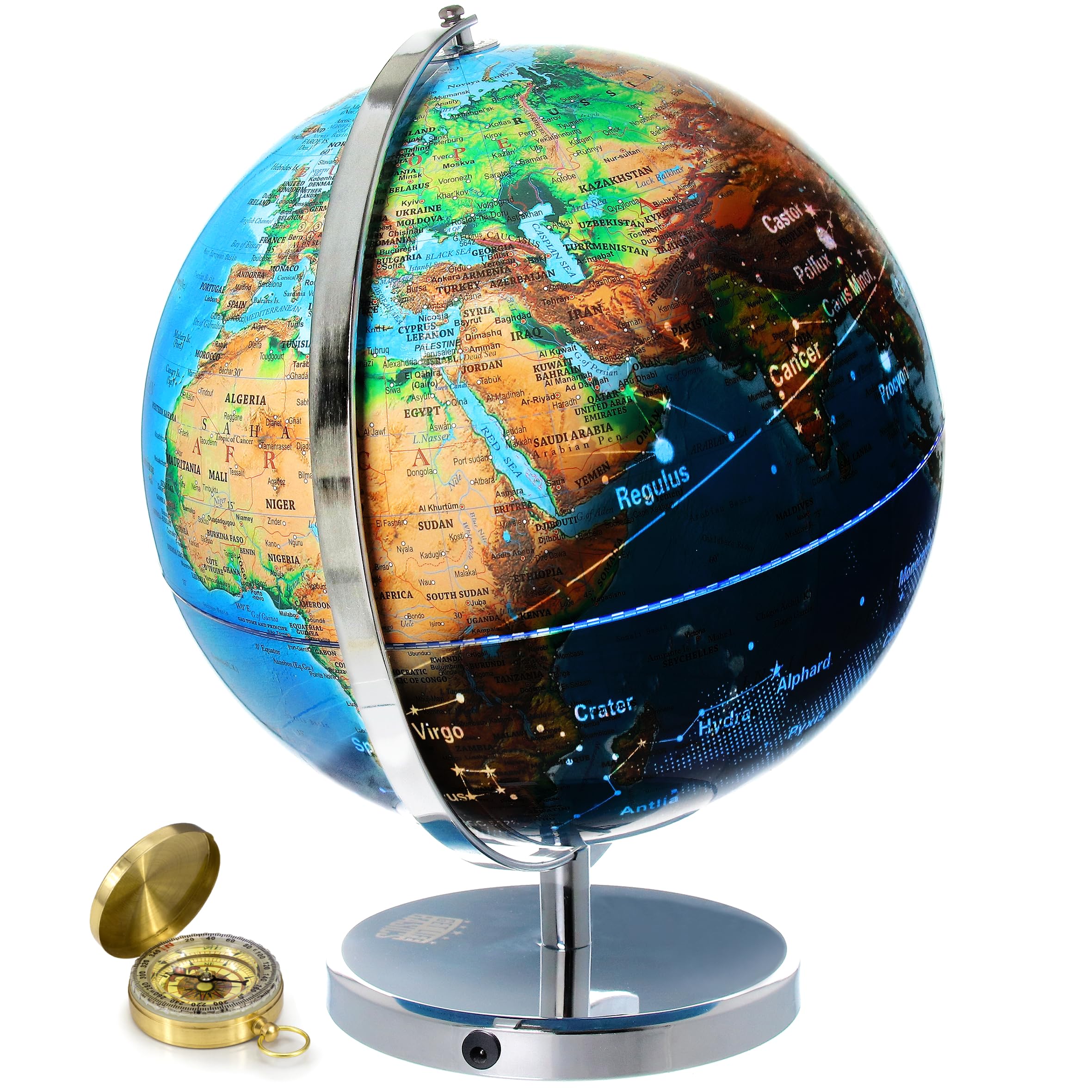 Interactive Illuminated World Globe for Adults & Kids - 13 Inch Large Educational Globe with Stand, Constellations & Compass - Perfect for Geography Learning, Home Decor & Night Light - Great Gift for Students & Travel Enthusiasts