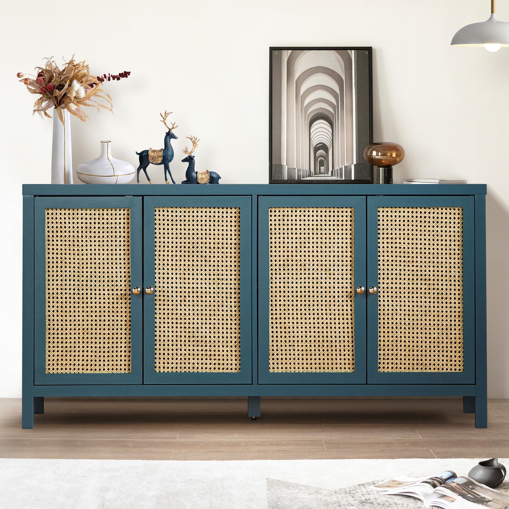 QHITTY Rattan Sideboard Buffet Cabinet - 4 Door Storage Console Table with Adjustable Shelves for Kitchen, Dining & Living Room | Blue Accent Cabinet for Hallway Decor & Home Organization