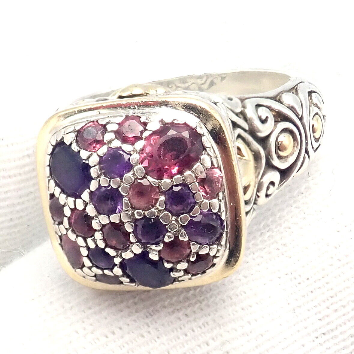 John Hardy JH Silver 18k Yellow Gold Classic Lava Fire Amethyst Tourmaline Ring for Women - Elegant Jewelry Gift for Anniversary, Wedding & Special Occasions