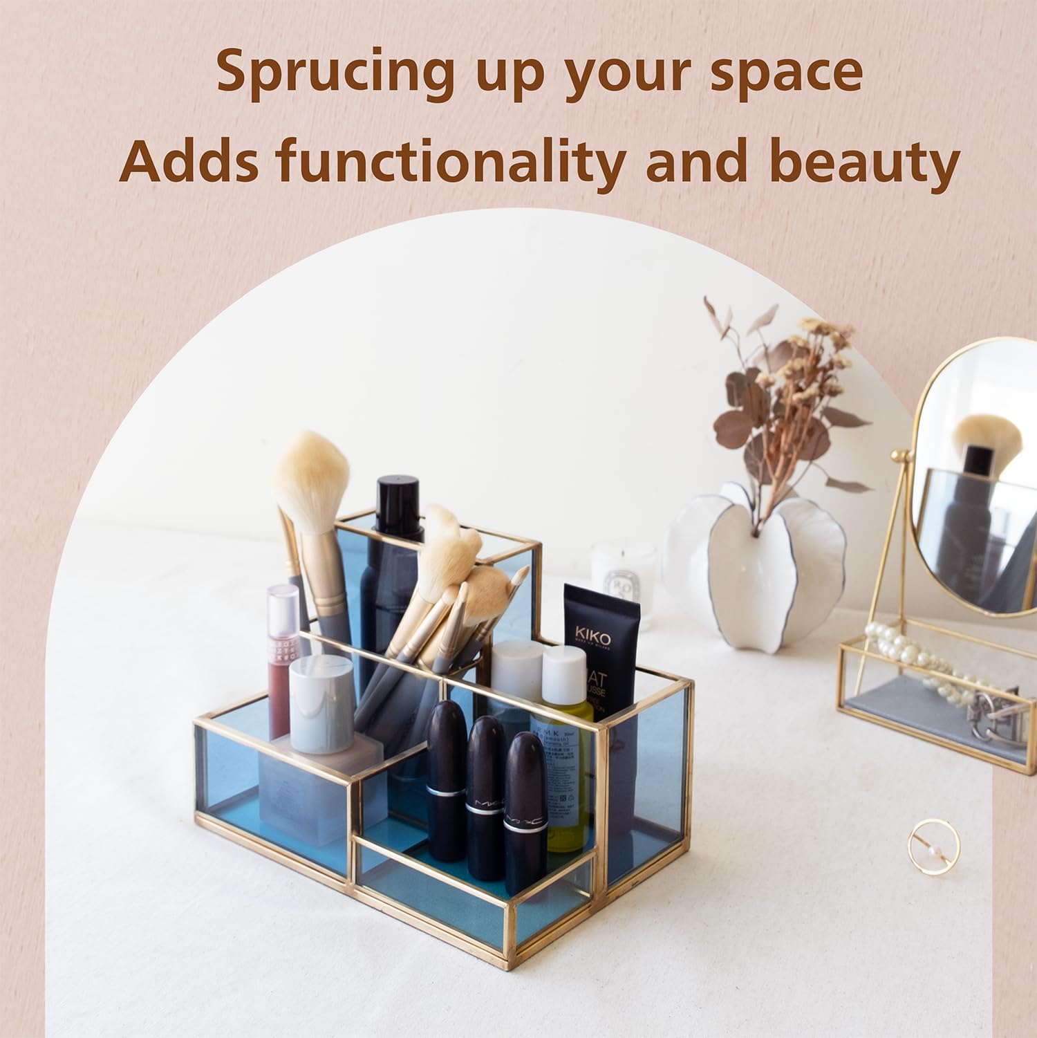 Elegant Gold & Blue Glass Desk Organizer - 5-Compartment Pen Holder, Makeup Brush & Skincare Storage, Stylish Office & Vanity Accessories for Women | Perfect for Home Office, Makeup Vanity & Desk Organization