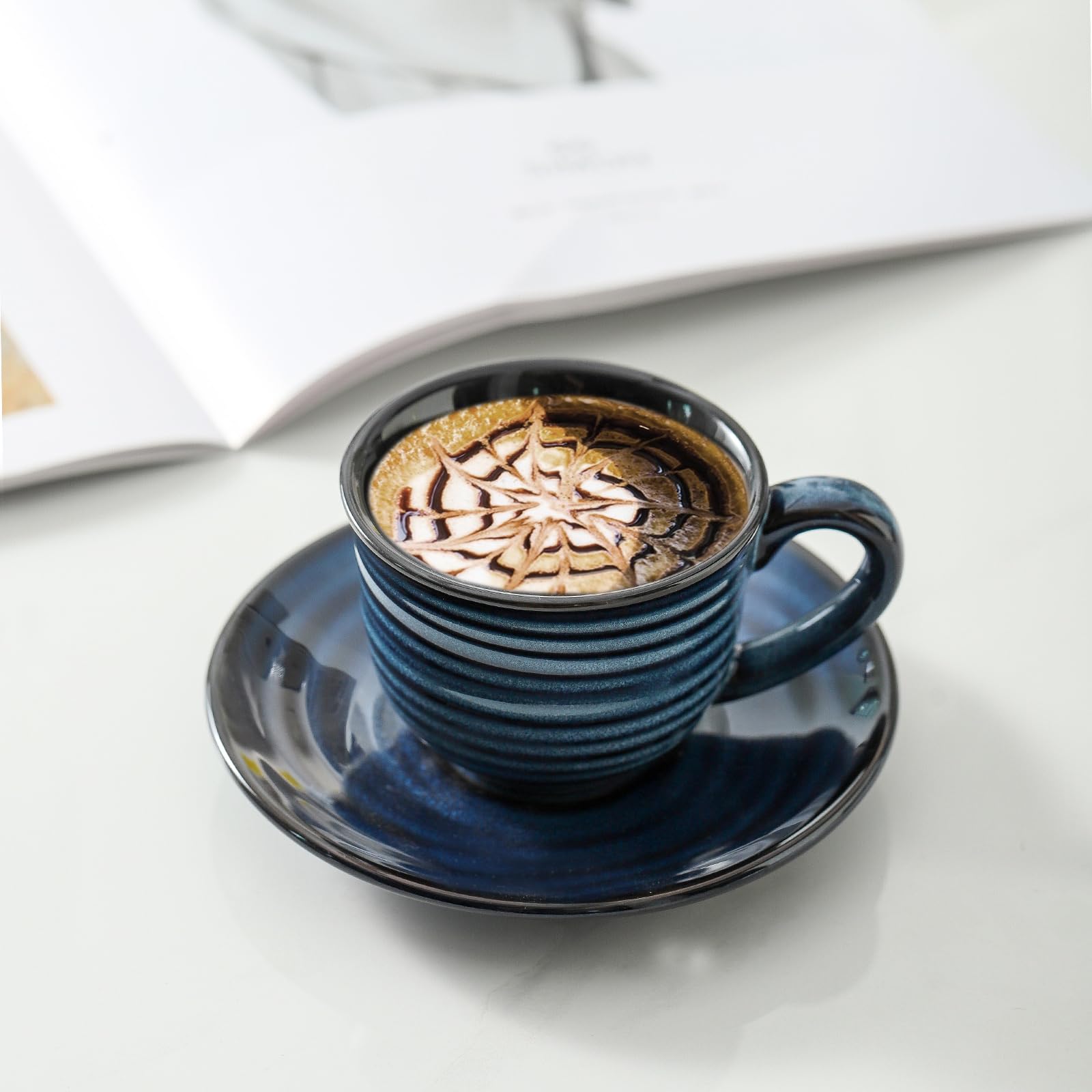 Hasense 6-Piece Porcelain Espresso Cup Set with Saucers - 4 oz Demitasse Cups for Double Espresso, Cappuccino, Cafe Mocha & Tea - Navy Blue Coffee Cups for Home, Office & Coffee Shops - Perfect for Entertaining, Gifts & Daily Coffee Rituals