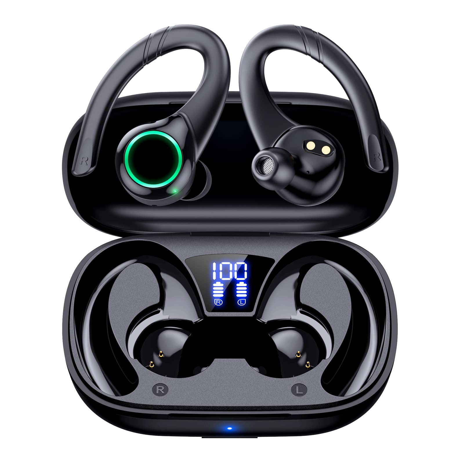 PUREROYI Bluetooth Headphones Wireless Earbuds - 48Hrs Playback, Over-Ear Earhooks, Dual-LED Display, IPX7 Waterproof, Built-in Mic for Sports, Running & Workout (Black) | Perfect for Gym, Jogging & Outdoor Activities
