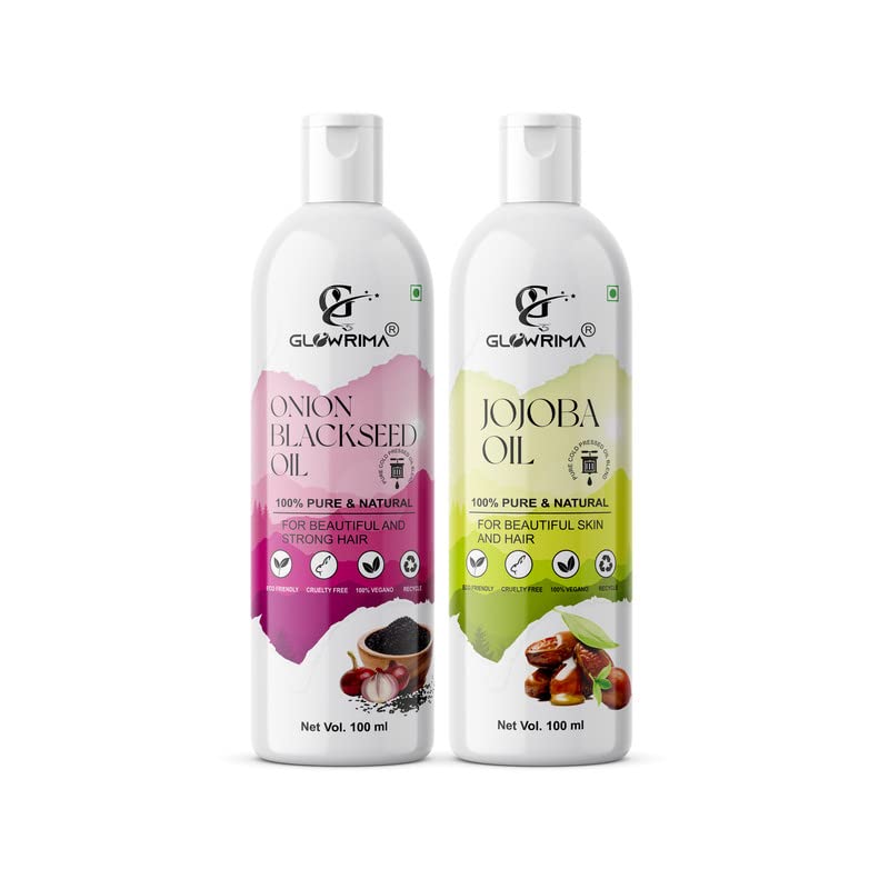 Glowrima 100% Pure Onion Black Seed Oil & Jojoba Oil Combo (100ML Each) - Natural Hair Growth Treatment for Thicker, Stronger Hair - Reduces Hair Fall & Split Ends - Promotes Soft, Shiny Locks - Perfect for Daily Scalp Massage & Hair Care Routine (Pack of 2)