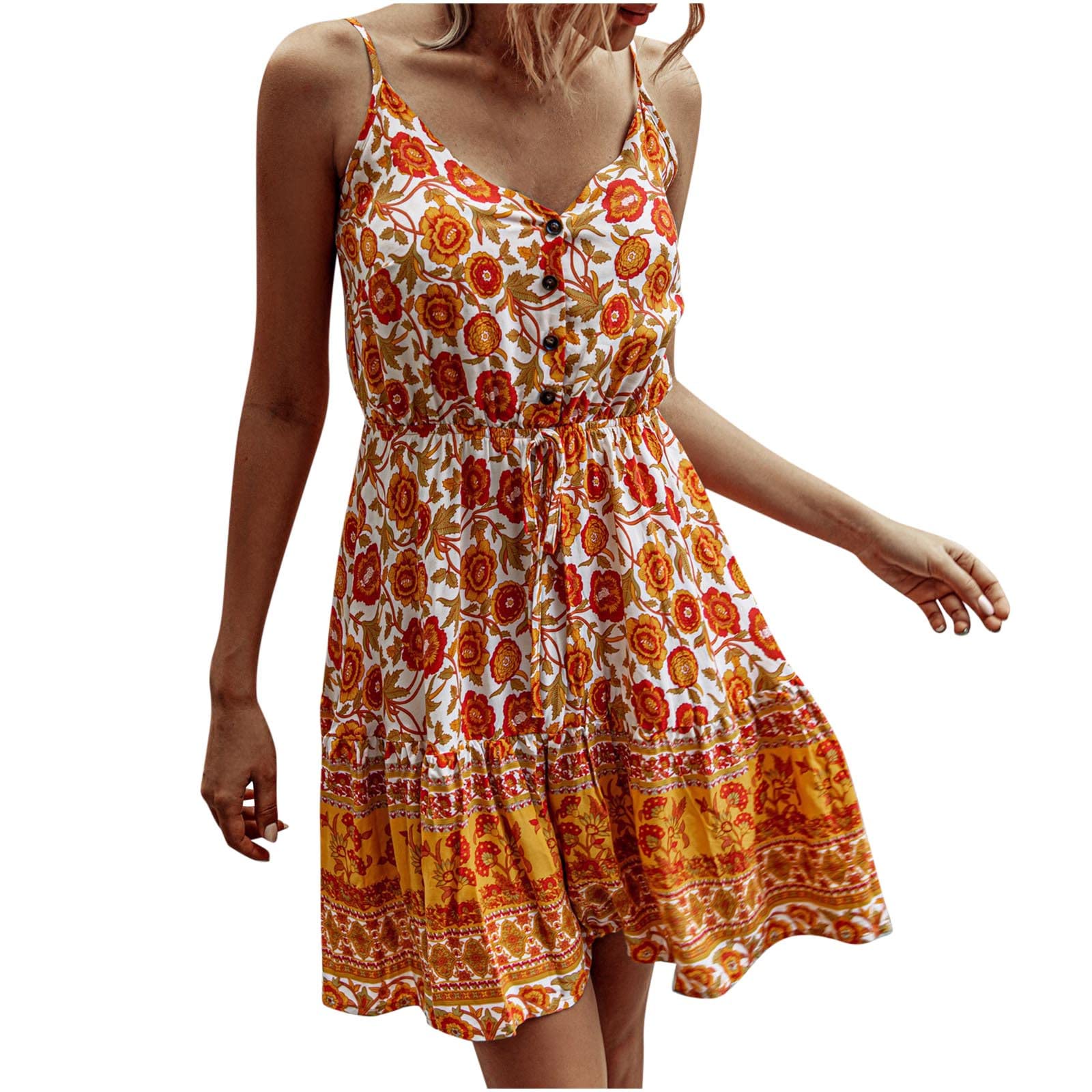 Boho Summer Dresses for Women - Sexy Off Shoulder Sleeveless Floral Print Button Down V-Neck Ruffled Tie Waist Smocked Dress - Perfect for Beach Vacations, Date Nights & Outdoor Parties