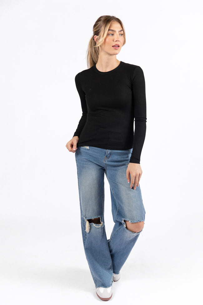 Black Ribbed Long Sleeve Tee for Women - Soft Stretch Cotton Blend Top - Casual & Layering Essential - Perfect for Fall, Winter & Everyday Wear