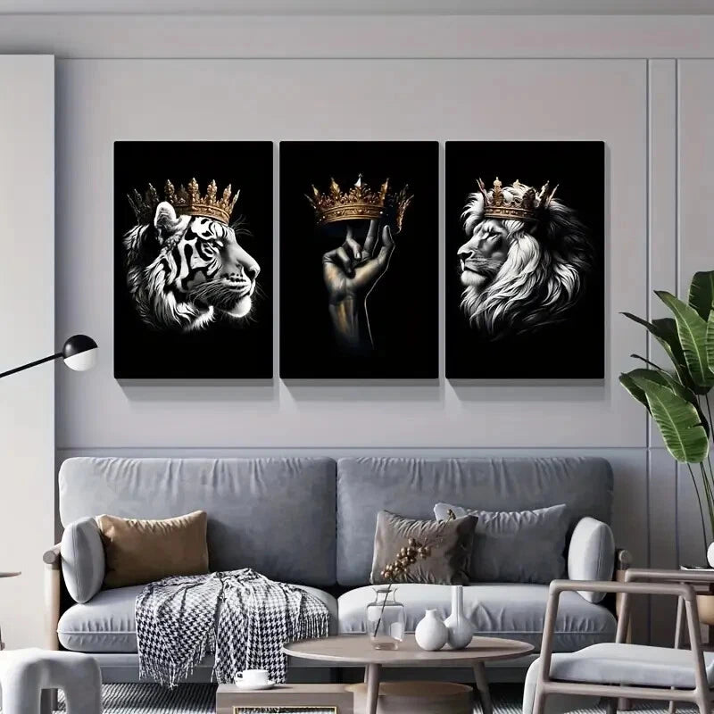 3-Piece Crowned Lion and Tiger Wall Art Set - Framed Canvas Prints 40x60cm - Premium Quality Australian Made Decor - Ready to Hang for Living Room, Bedroom or Office Decor