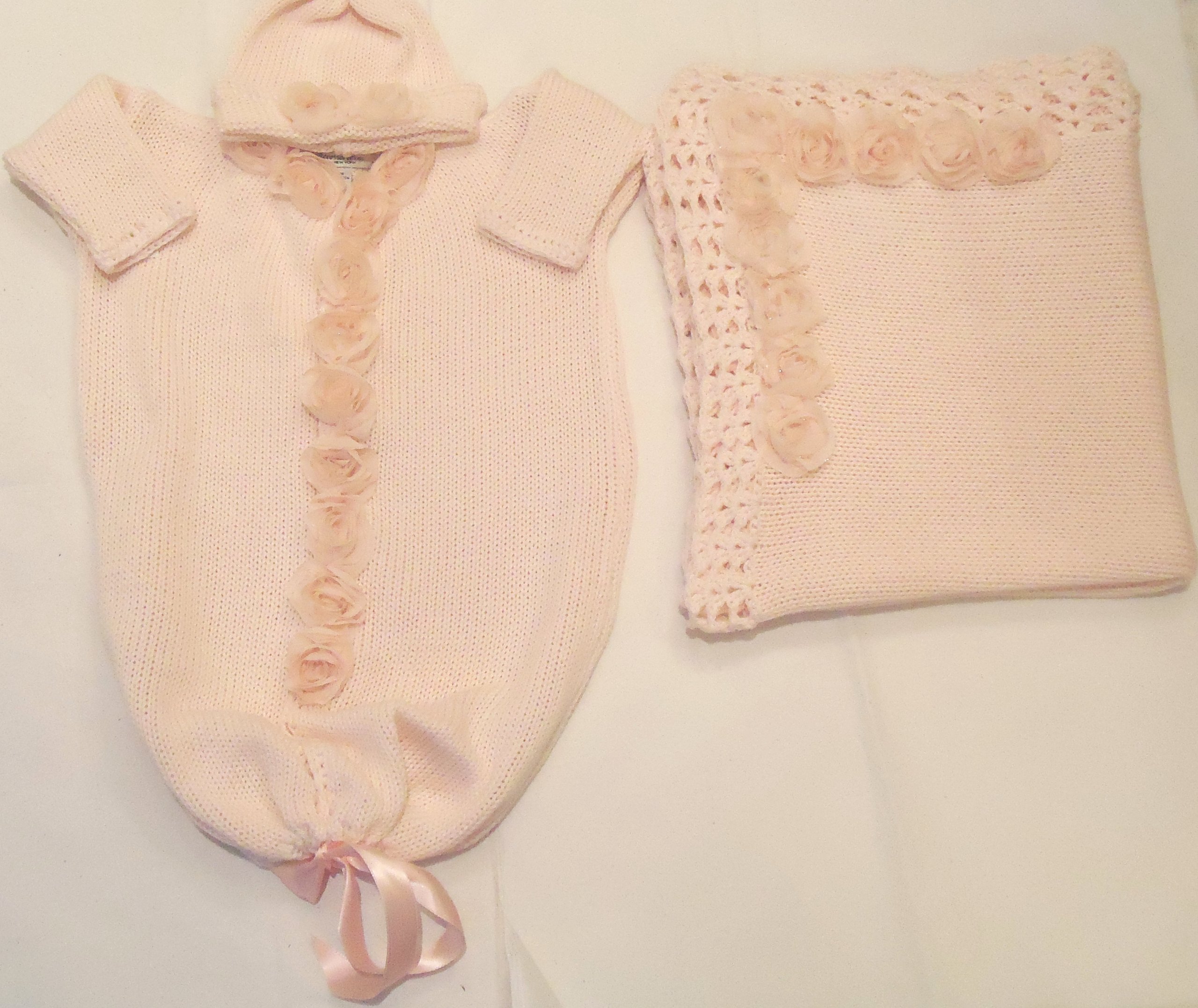 Pink Cotton Knit Baby Bunting Hat Set with Chiffon Roses and Matching Blanket - Newborn Photography Props, Christening Outfit, Winter Layette Gift Set