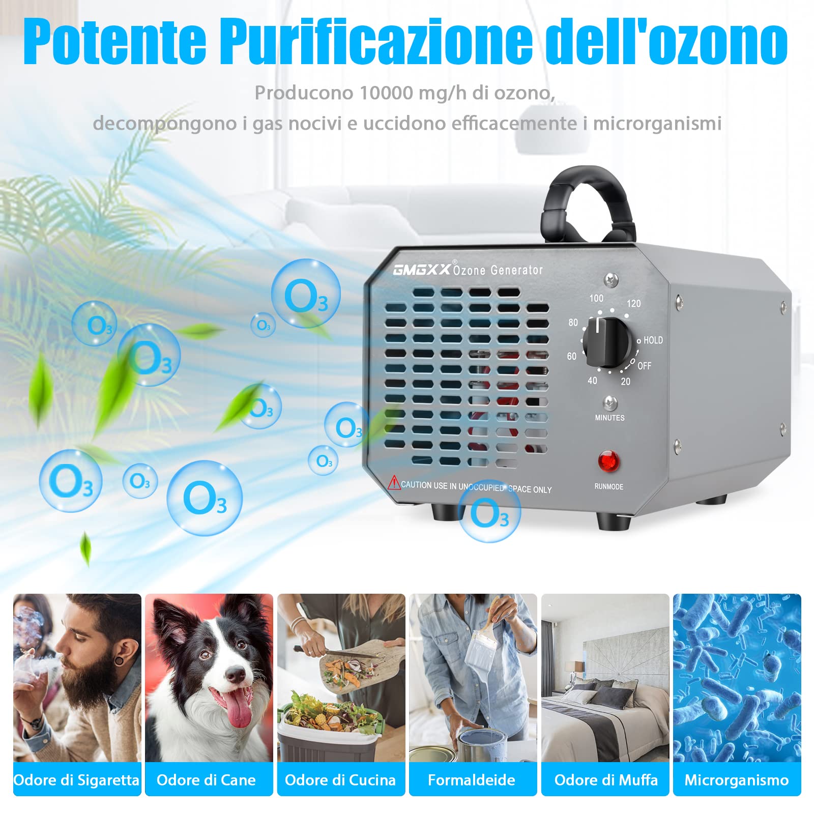 Professional 10000mg/H Ozone Generator Air Purifier for Home & Car - 0-300㎡ Coverage, 120 Min Timer, Grey | Eliminate Odors, Mold & Bacteria in Living Spaces, Vehicles & Offices