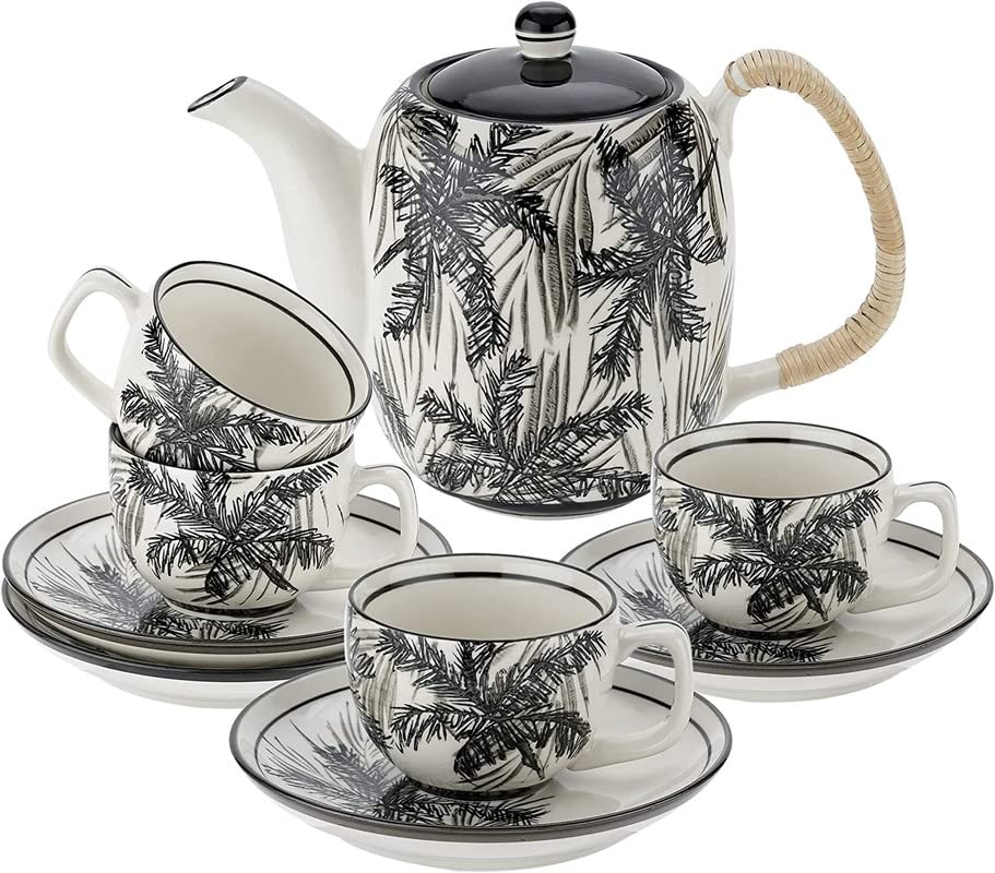 Taimei Teatime Ceramic Tea Set for Adults - 32oz Black Porcelain Teapot with 4 Cups, English Style Tea Party Set, Microwave Safe & Easy to Clean - Perfect for Afternoon Tea, Gifts & Home Decor