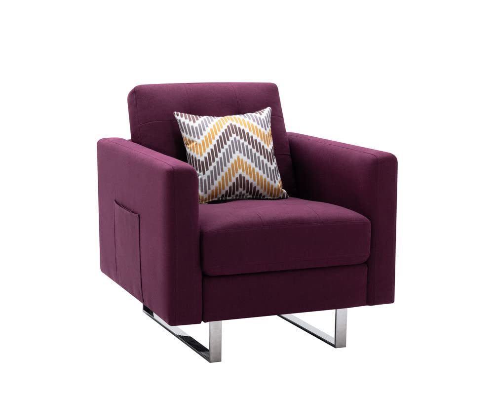 Lilola Home Victoria Purple Linen Fabric Armchair with Metal Legs, Side Pockets & Pillow - Modern Living Room Accent Chair for Home Office, Lounge & Bedroom Decor