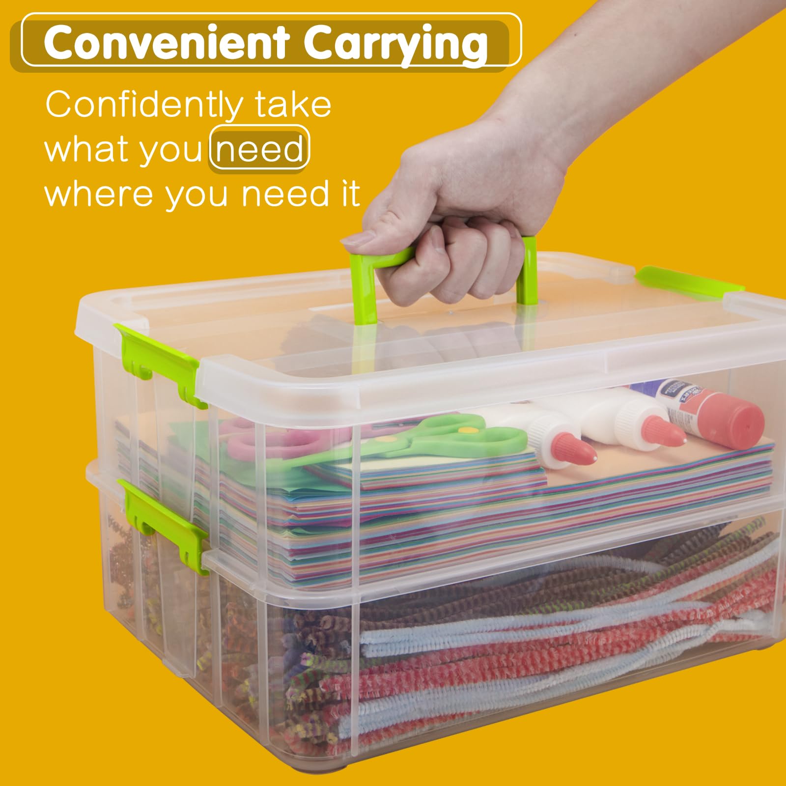 2 Layer Plastic Storage Containers with Lids - Clear Stackable Organizer Box for Crafts, Sewing, Makeup & Nail Supplies | Portable & Multipurpose Storage Bin | Perfect for Home, Office & Travel Organization (Green)
