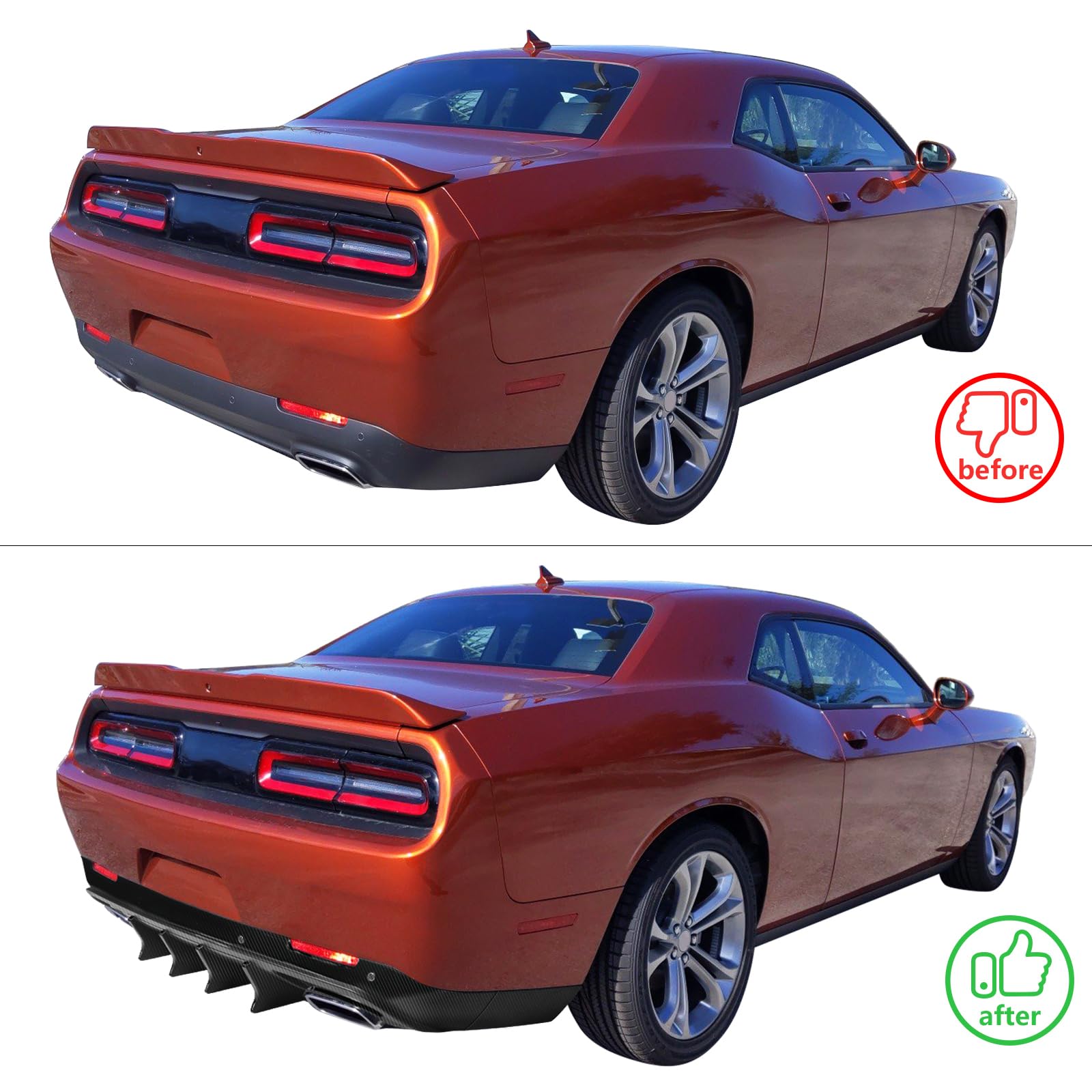 IKON MOTORSPORTS V4 Style Carbon Fiber Print Rear Diffuser for 2015-2023 Dodge Challenger | PP Bumper Lip Spoiler with Shark Fins | Aggressive Styling Upgrade for Street Racing & Car Shows