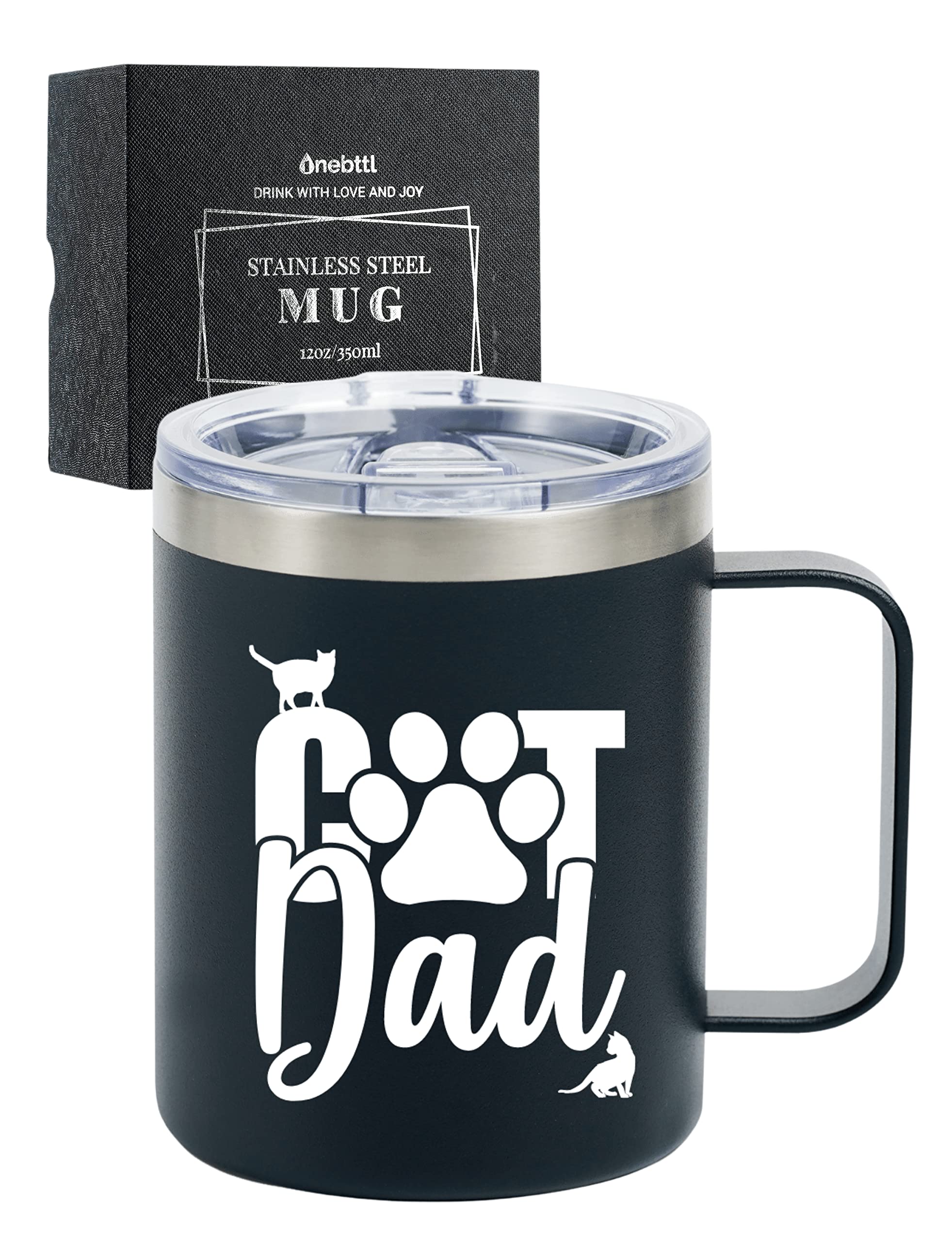 Onebttl Insulated Stainless Steel Cat Mug with Lid - 12oz Funny Coffee Cup for Cat Lovers - Perfect Gift for Cat Dad on Birthday & Christmas - Black - Ideal for Home, Office & Coffee Breaks
