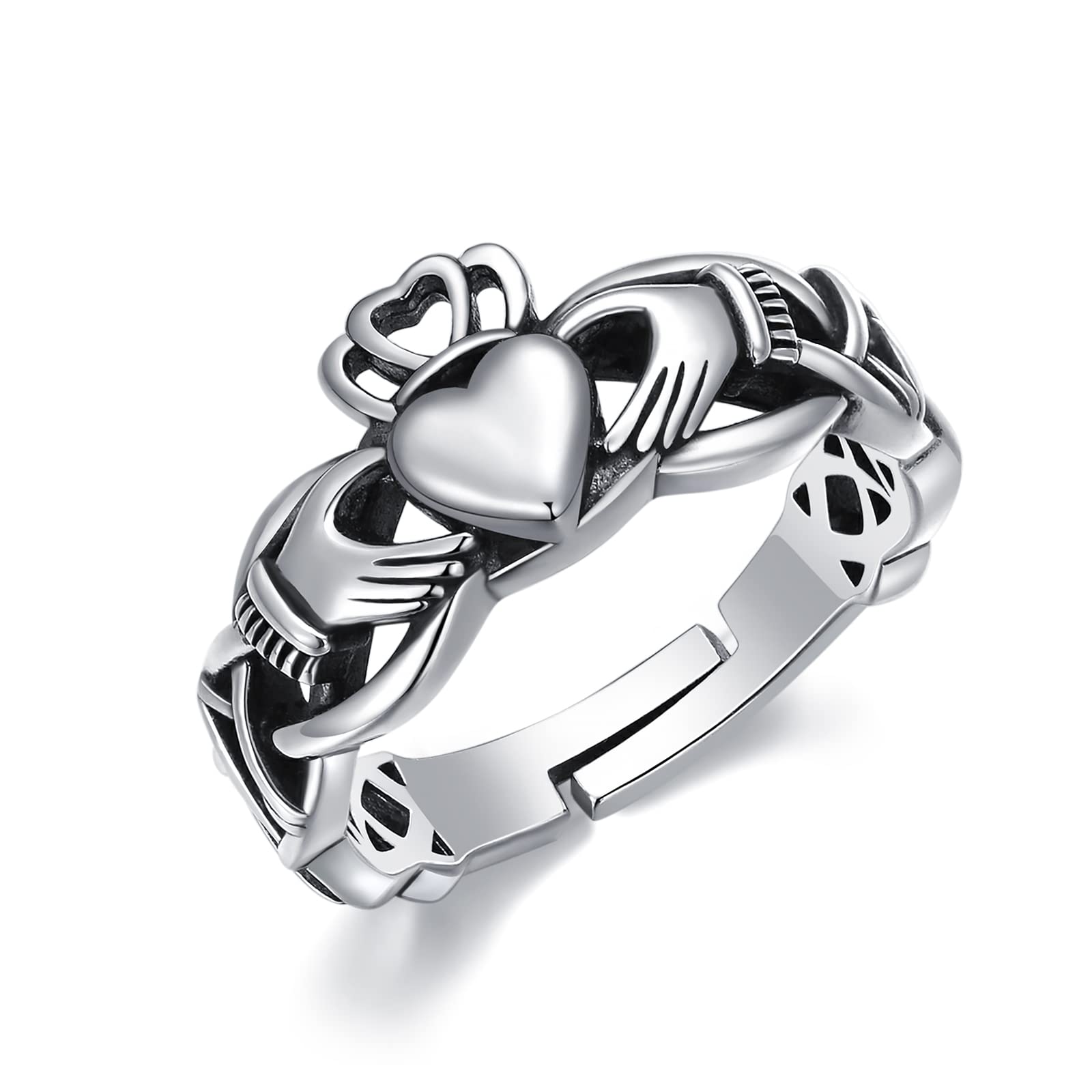 S925 Sterling Silver Claddagh Ring for Women & Men - Adjustable Celtic Knot Jewelry for Gifts & Weddings