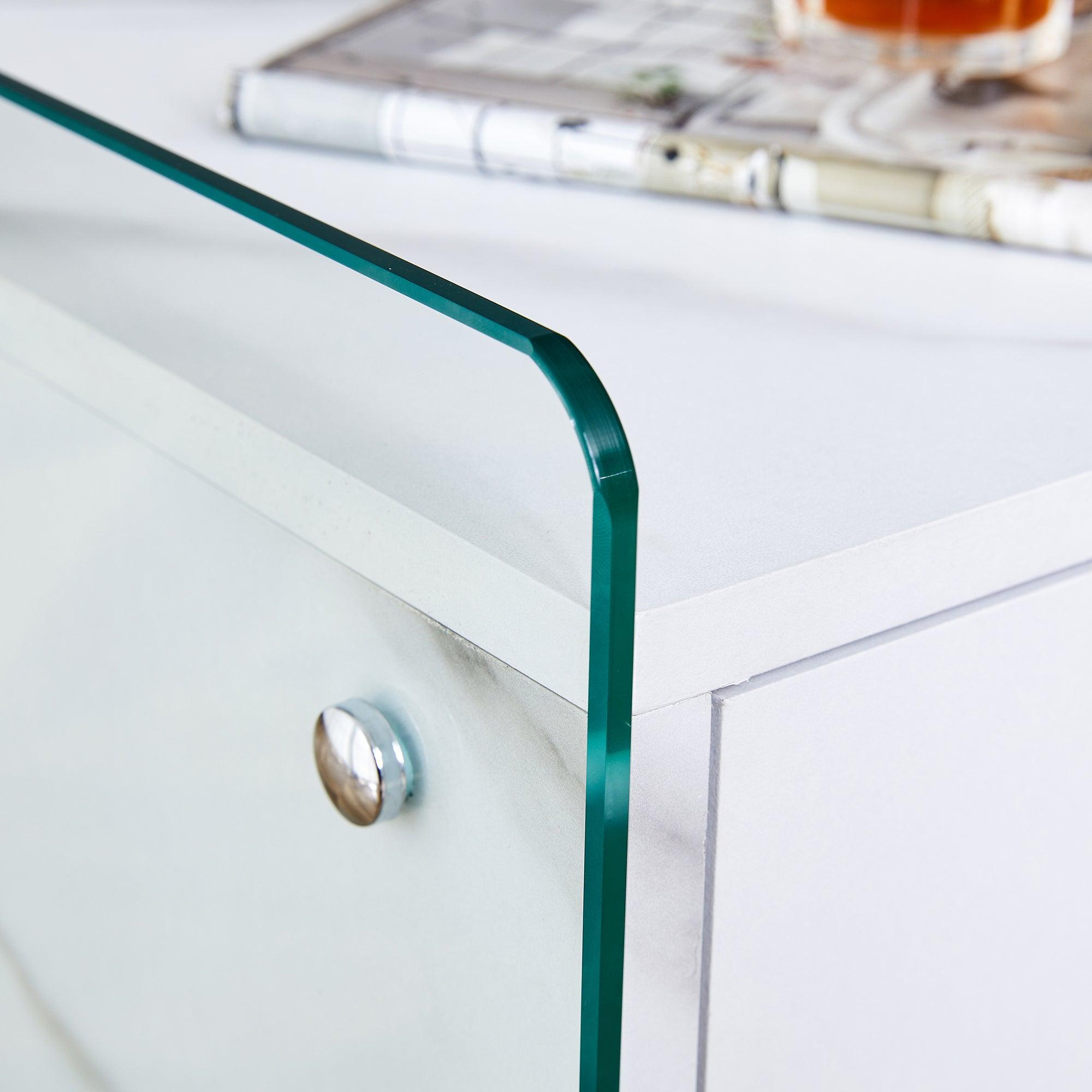 Modern Double Drawer Bedside Table with MDF Sticker Surface & Tempered Glass Sides - Simple Elegant Design, Excellent Storage for Bedroom, Living Room, or Office Use
