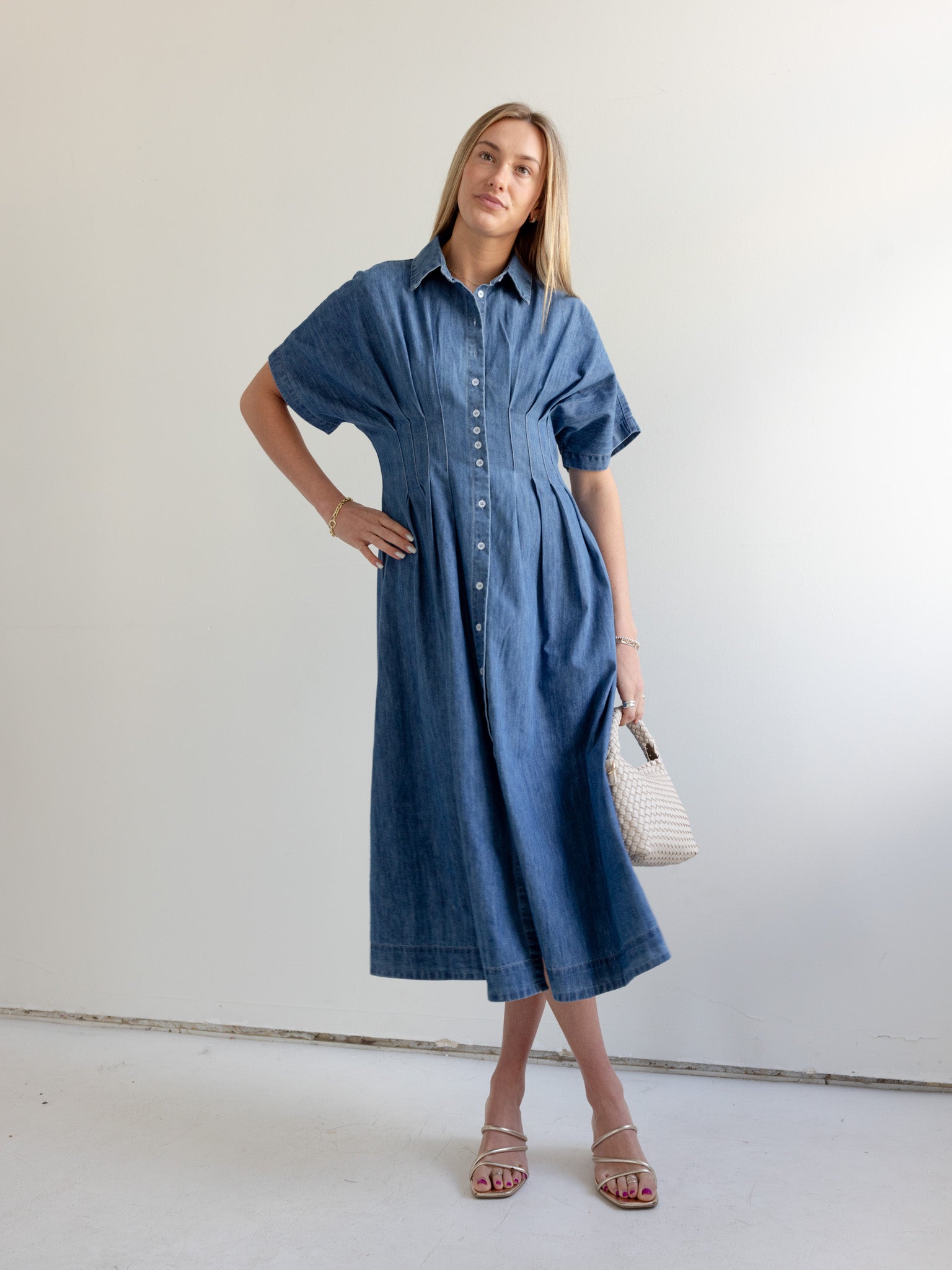 Becca Denim Midi Dress for Women - Stylish Blue Denim Knee-Length Dress with Pockets | Perfect for Casual Outings, Brunch Dates & Summer Vacations