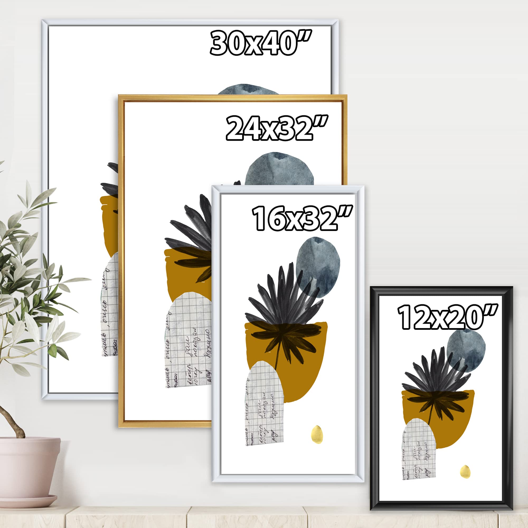 DesignQ Tropical Palm Leaf & Abstract Geometry Shapes I - Modern Framed Canvas Wall Art Print for Living Room, Bedroom & Office Decor