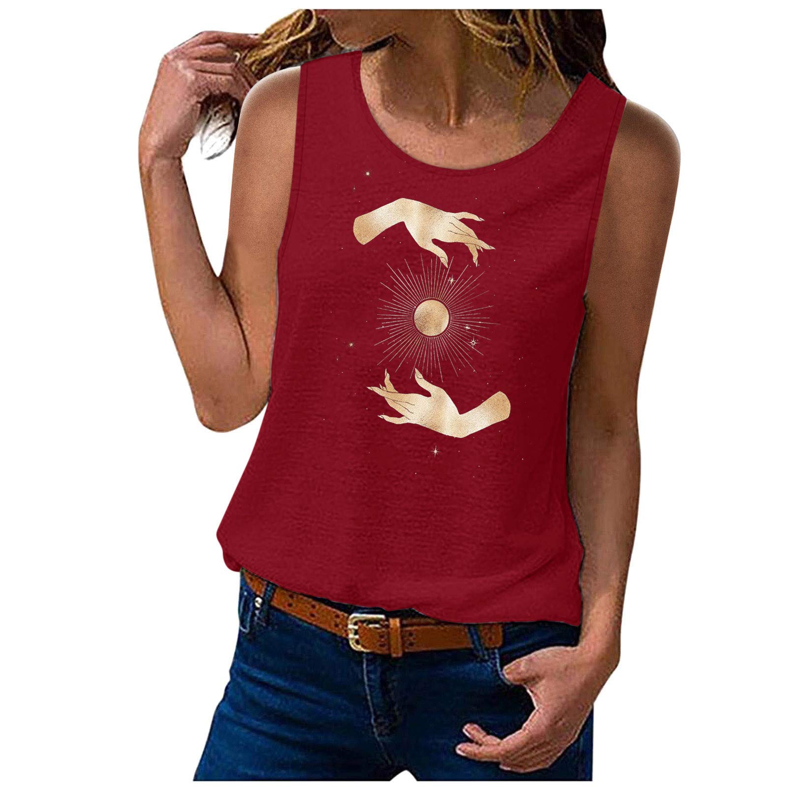 Women's Casual Sleeveless Sun & Moon Print O-Neck Tank Top - Summer Fashion Blouse for Beach, Party & Everyday Wear