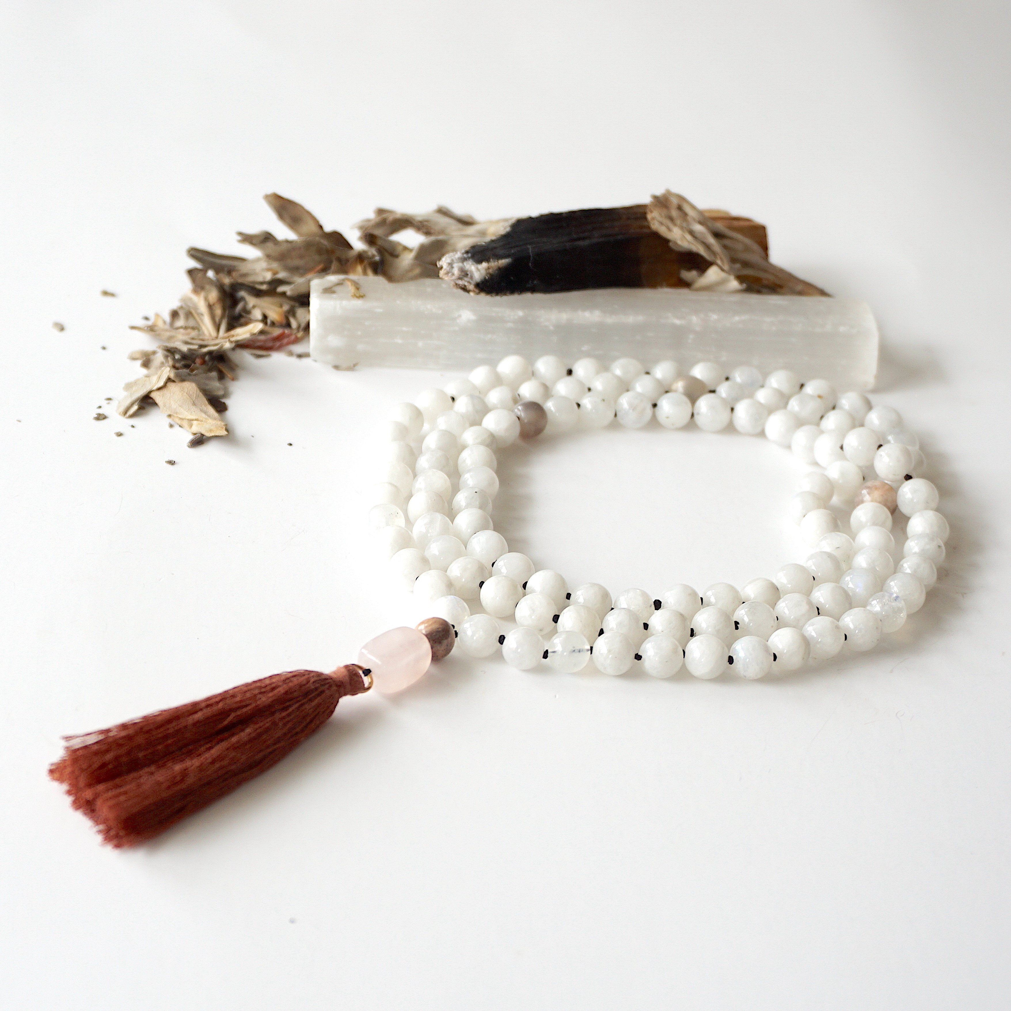 Moonstone and Rose Quartz Mala Necklace - Healing Crystal Beads for Meditation, Yoga & Spiritual Balance | Perfect for Mindfulness Practice & Stress Relief
