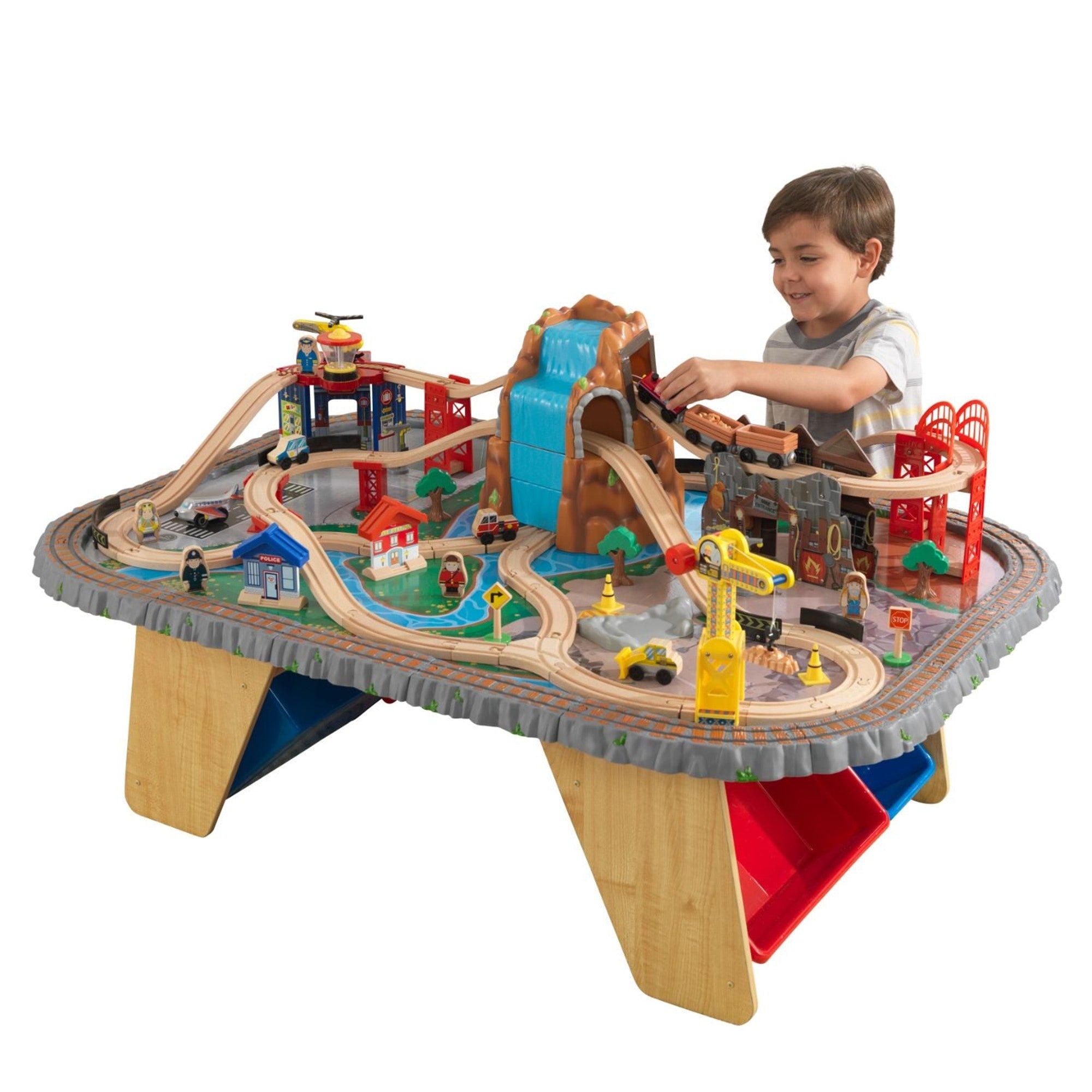 KidKraft Waterfall Junction Wooden Train Set with Table - Interactive Toy for Kids Ages 3+ | Perfect for Playrooms, Daycares & Birthday Gifts