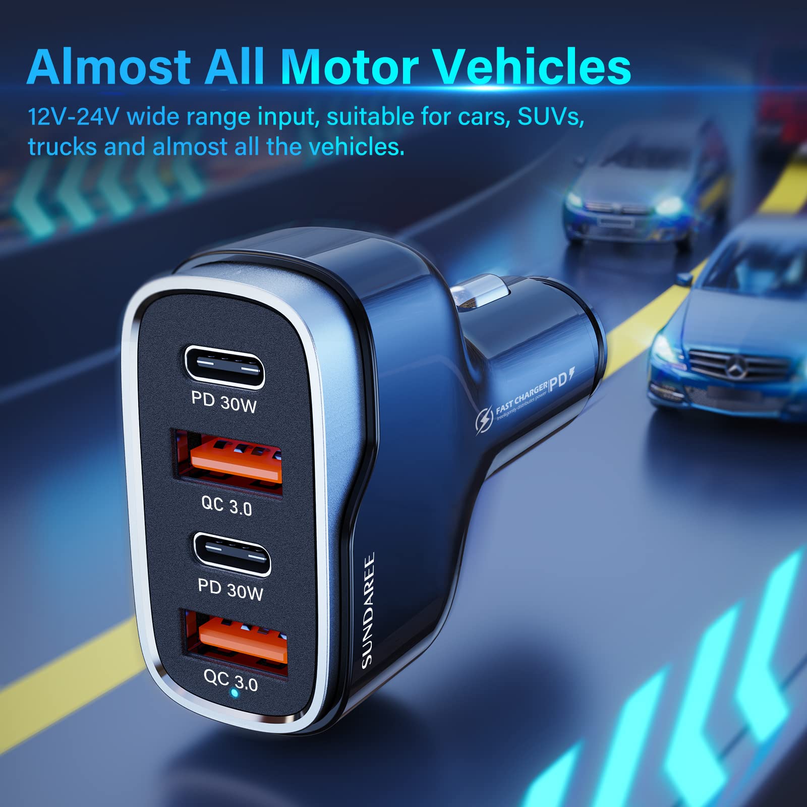 SUNDAREE 4 Port USB C Fast Car Charger with AC Outlet - 18W QC & 30W PD Dual Charging - 3.3FT USB-A to USB-C Cable Included - Compatible with iPhone 16/15/14 Pro/Max, Samsung S24 & More - Perfect for Road Trips, Commuting & Multi-Device Charging On-The-Go