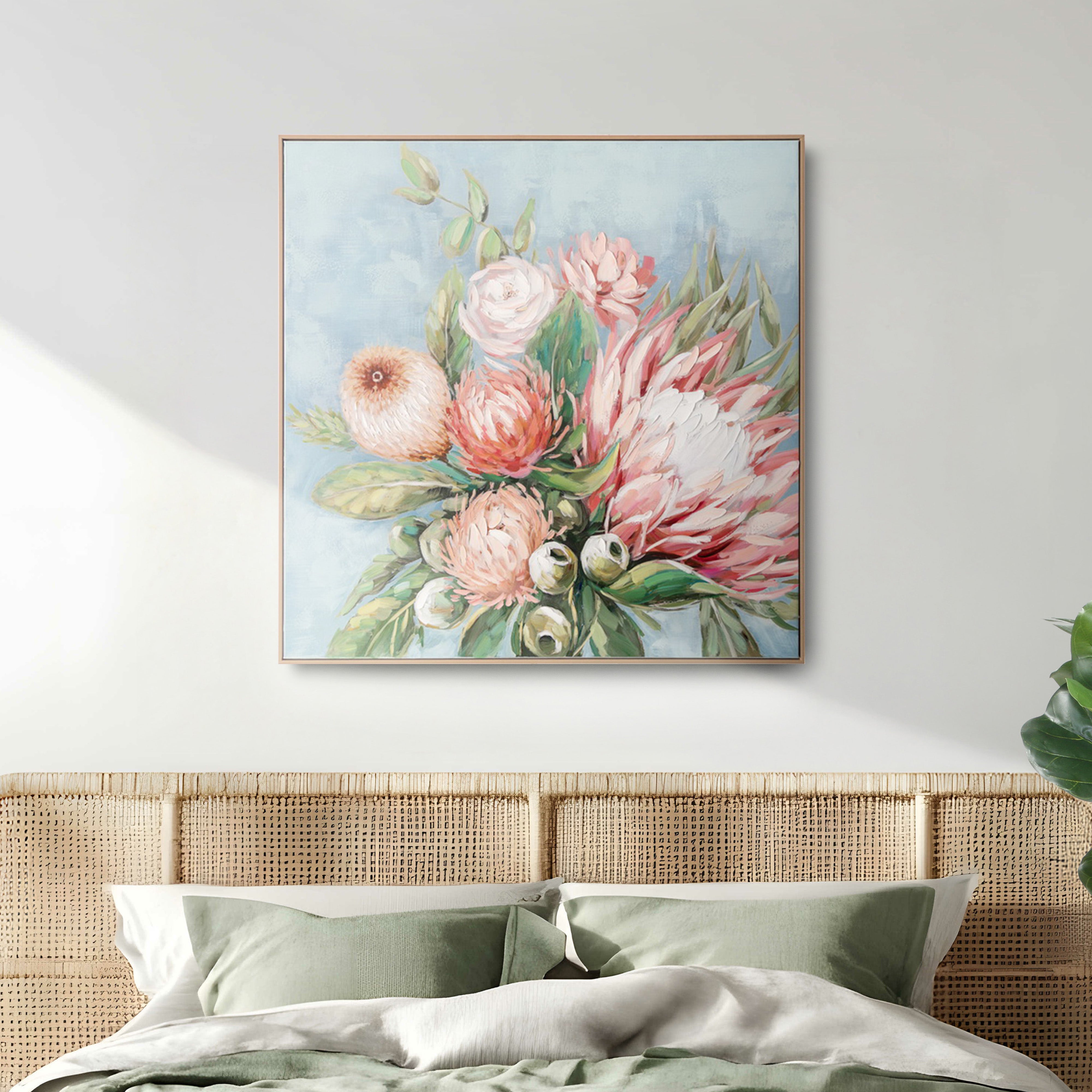 Urban Style Brushmarks Embellished Canvas Protea Blue Wall Art - Perfect for Living Room, Bedroom & Office Decor
