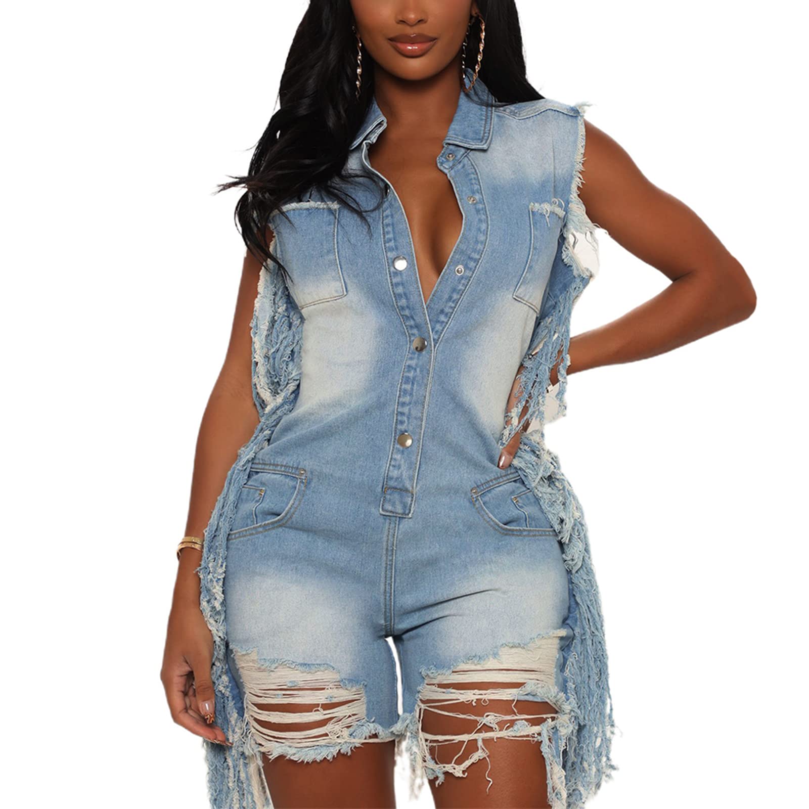 Stylish Sleeveless Denim Romper for Women - Distressed Fringe Short Jumpsuit | Summer Casual Outfit, Beach Wear & Music Festival Fashion