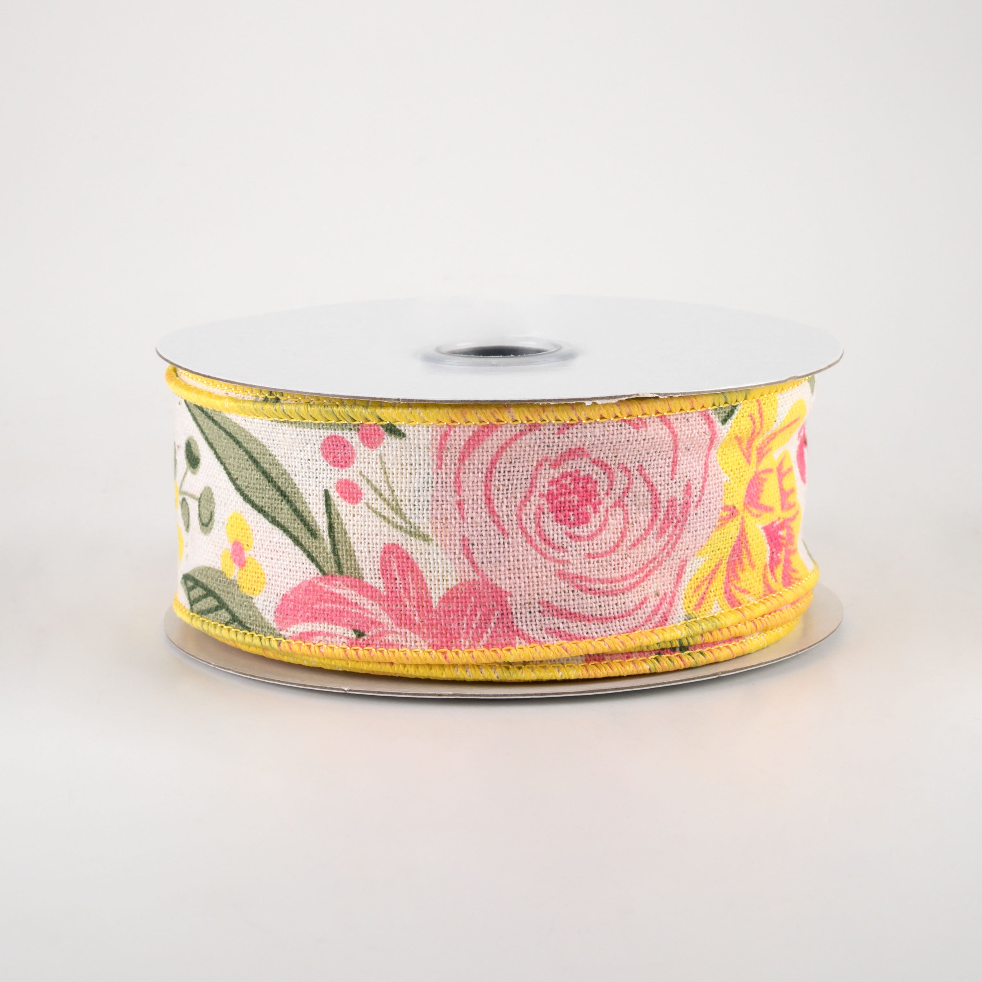 1.5 Inch Bold Blooms Cotton Ribbon - Pink, Yellow, Sage Green (10 Yards) for Gift Wrapping, DIY Crafts, Scrapbooking & Home Decor