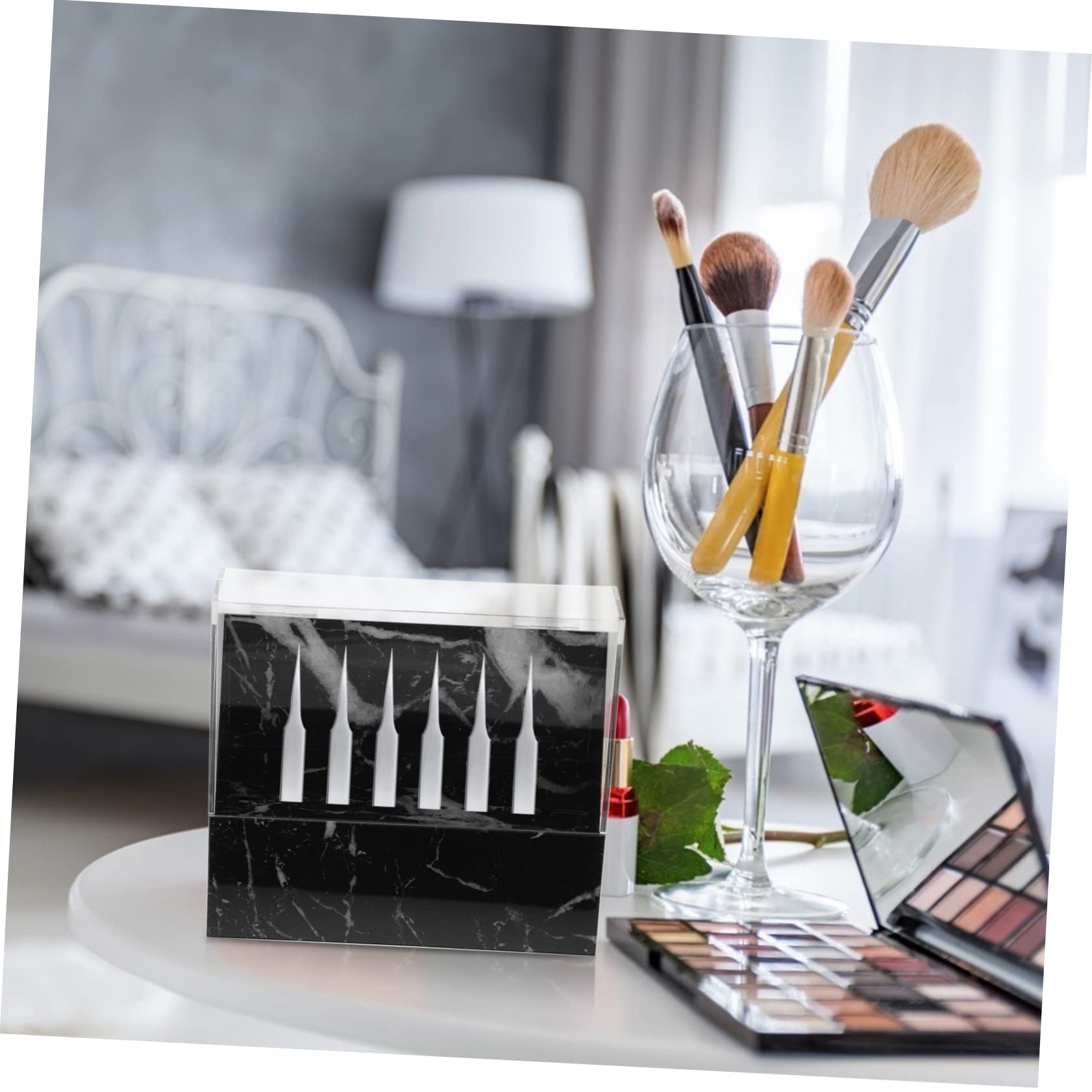 Professional Black Marble Acrylic Lash Tweezer Stand with Cover - Holds 8 Tweezers - Perfect for Eyelash Extension Salons, Beauty Studios & Home Use