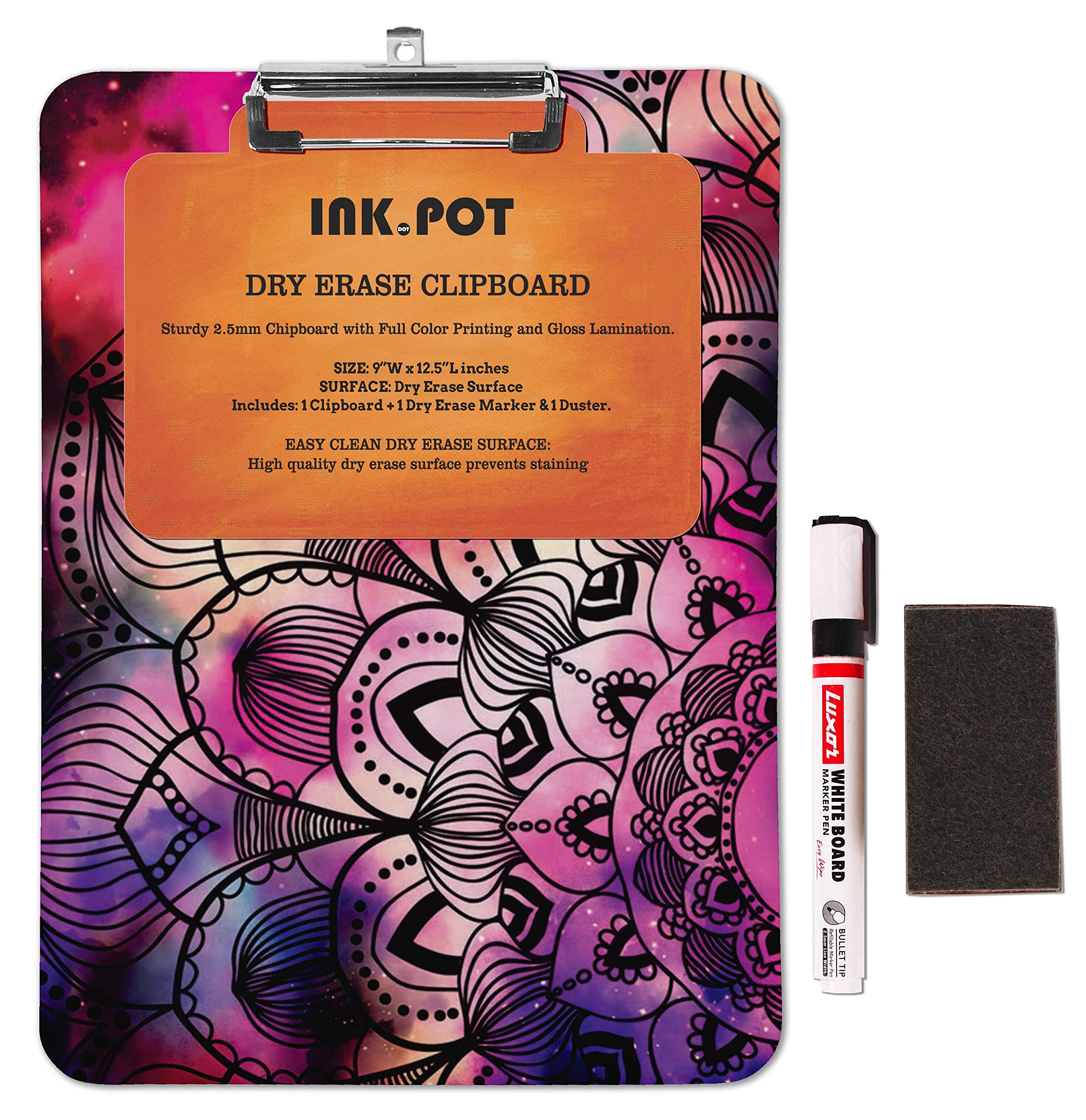 Double Sided Dry Erase Clipboard 9x15 - Letter Size with Free Marker & Duster for Office & School Use