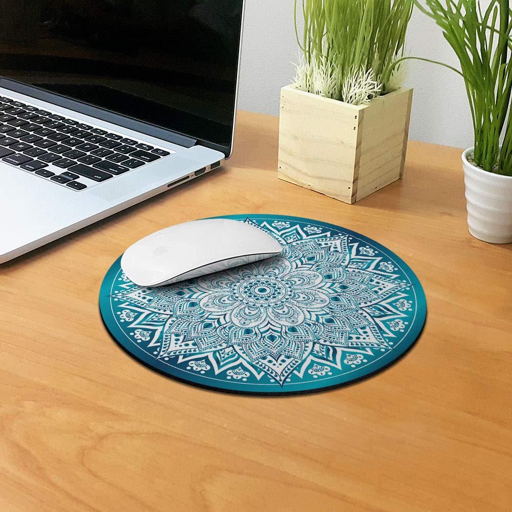 Non-Slip Round Mouse Pad with Teal & White Mandala Design - WIRESTER Ergonomic Desk Mat for Home Office, Gaming, and Computer Work - Perfect for Workstations, Laptops, and PC Setups