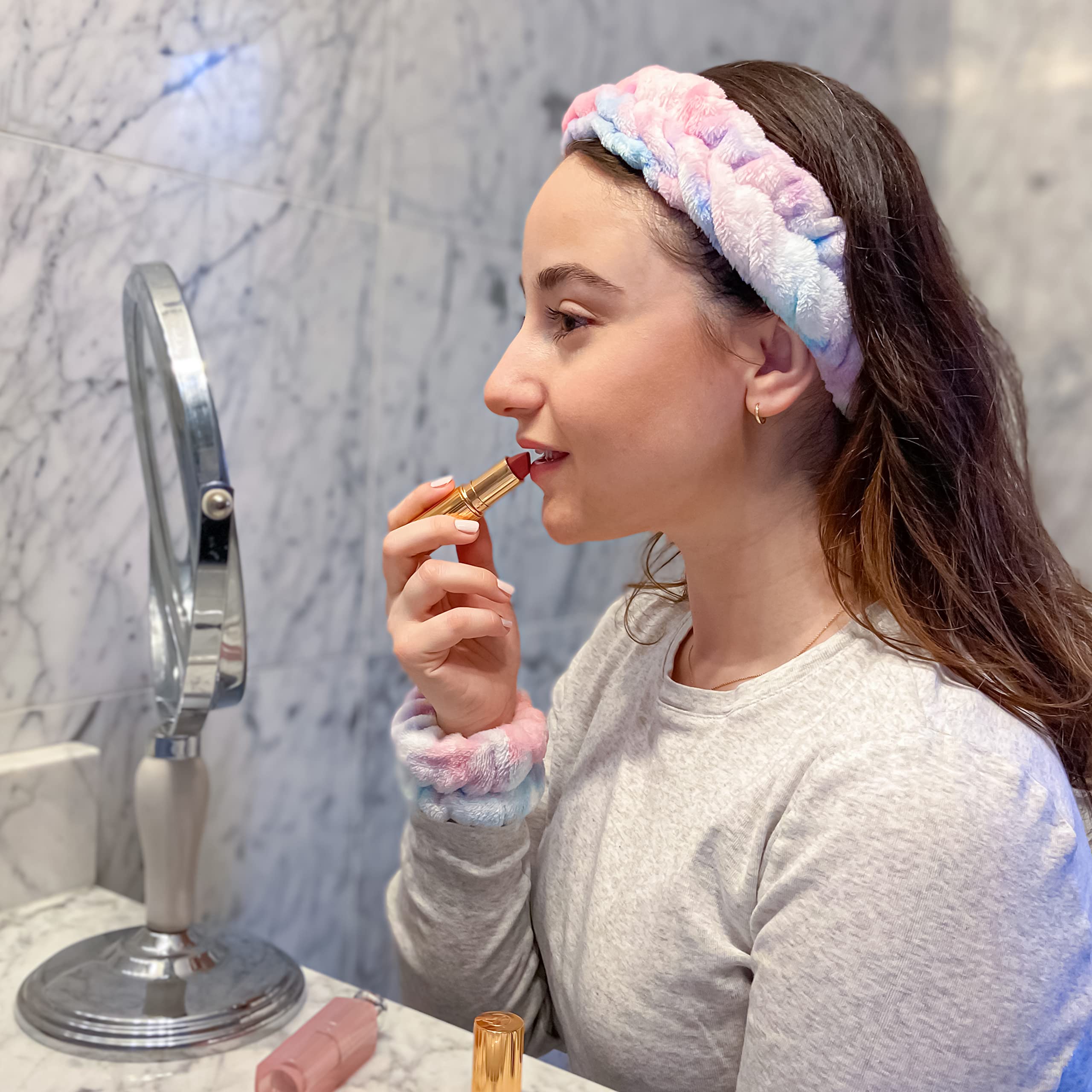 FROG SAC Tie Dye Spa Headband for Women & Teens - Soft Fuzzy Skincare Headband for Face Washing, Makeup, Shower - Matching Wristbands Set - Perfect for Sleepovers, Skincare Routine, Spa Day and Girls Party Supplies