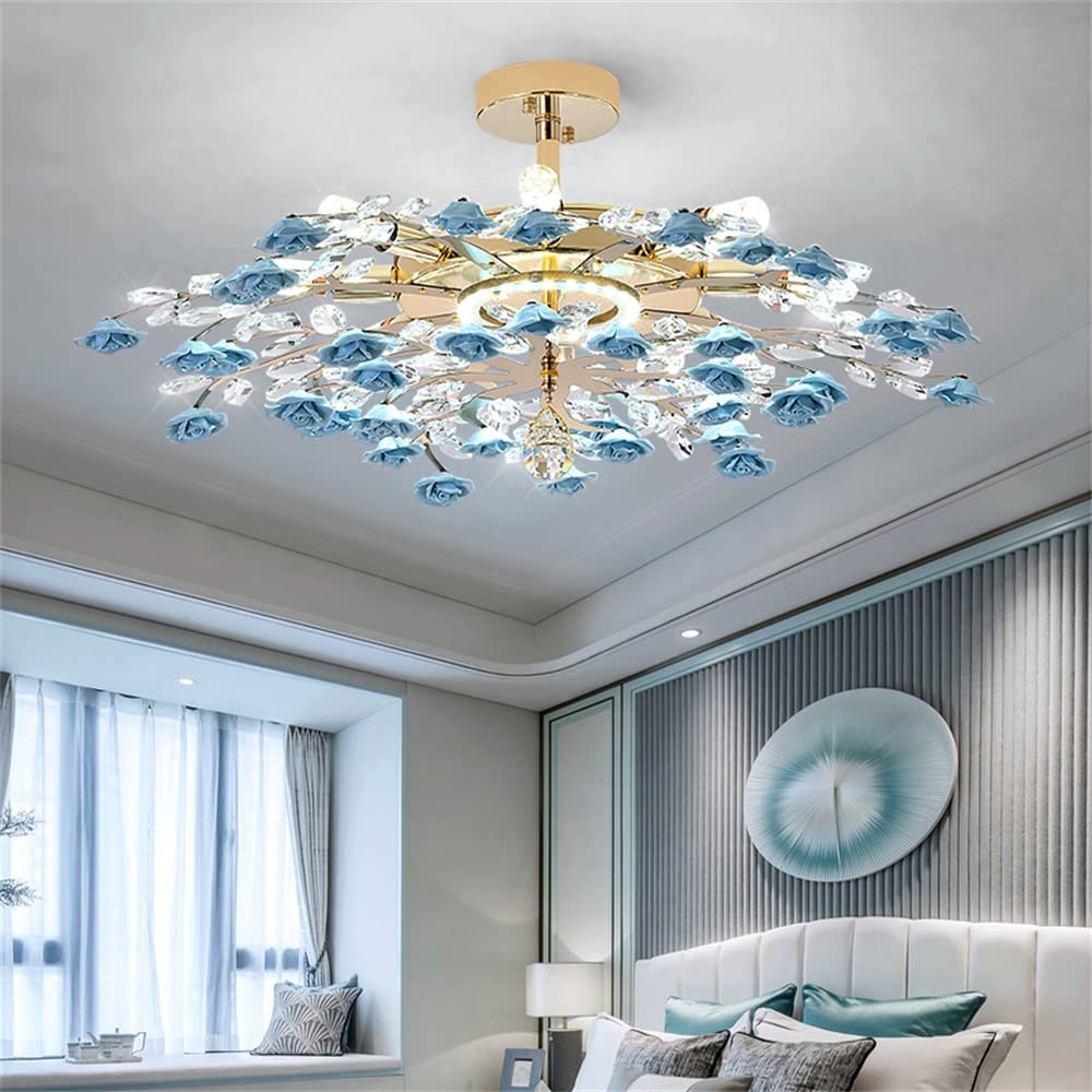 Modern Crystal Chandelier Pendant Light - Blue Flower Branch Design LED Fixture for Living Room, Dining Room, Bedroom (D60xH28cm) - Perfect for Home Decor, Wedding Venues & Luxury Interior Lighting