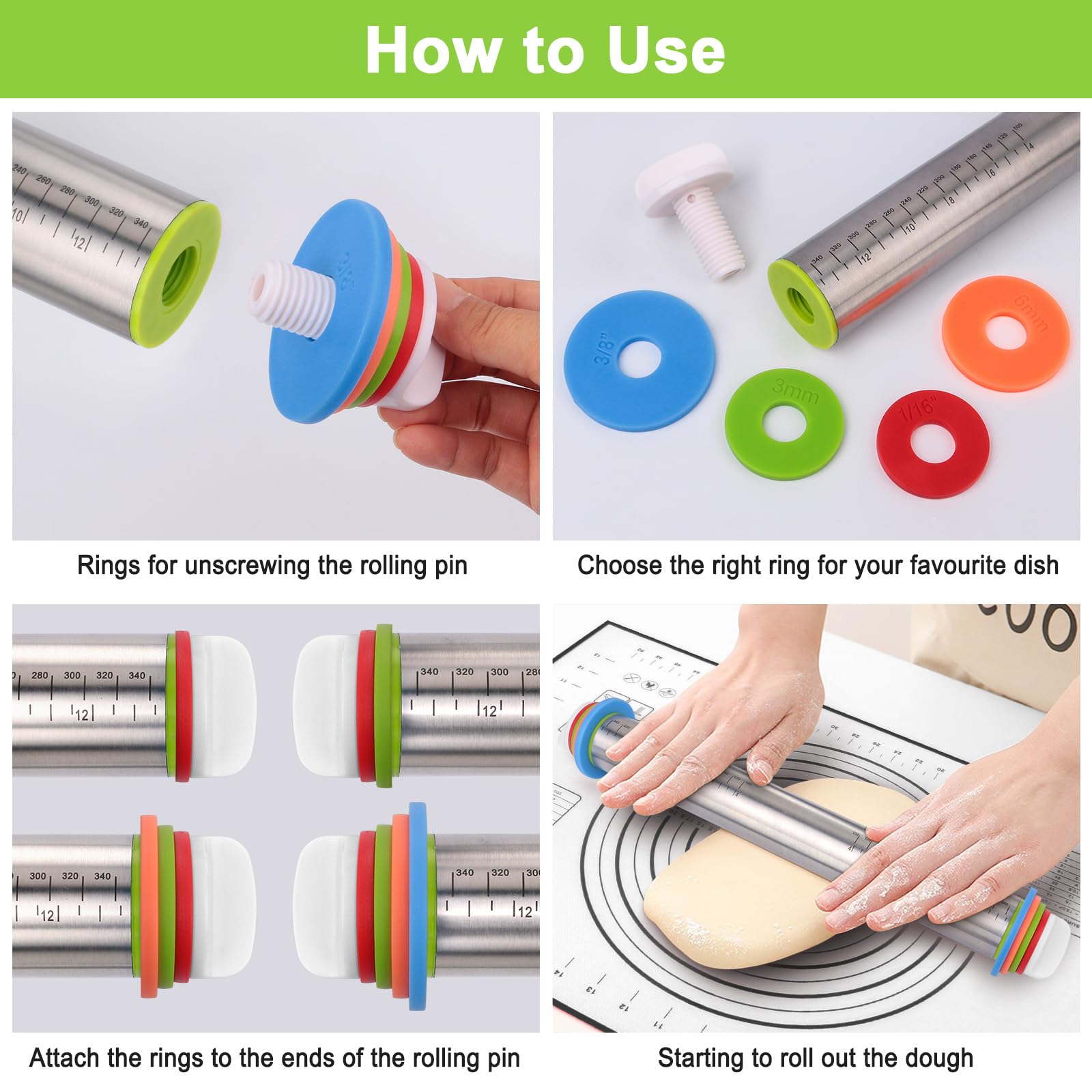 Stainless Steel Rolling Pin with Thickness Rings - Adjustable Dough Roller for Pasta, Cookies, Bread & Fondant - Includes Non-Stick Silicone Baking Mat - Perfect for Baking, Dumpling Making, and Sugar Decorating