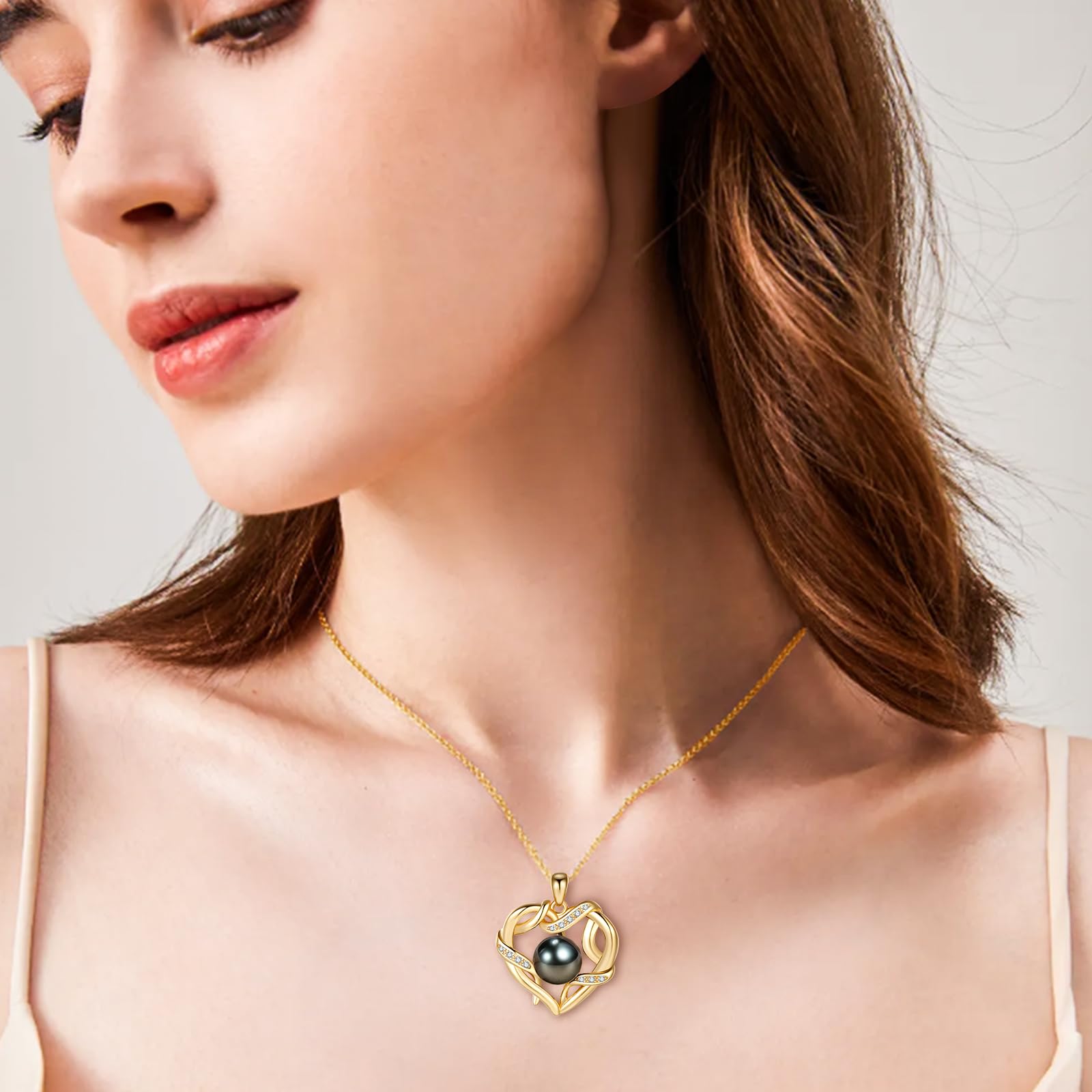Tahitian Black Pearl Heart Necklace - 9-10mm Real Pearl Pendant for Women - Perfect Christmas, Anniversary, Birthday, Mother's Day & Valentine's Day Gift for Wife, Mom & Girlfriend - Elegant Jewelry for Special Occasions & Romantic Dates