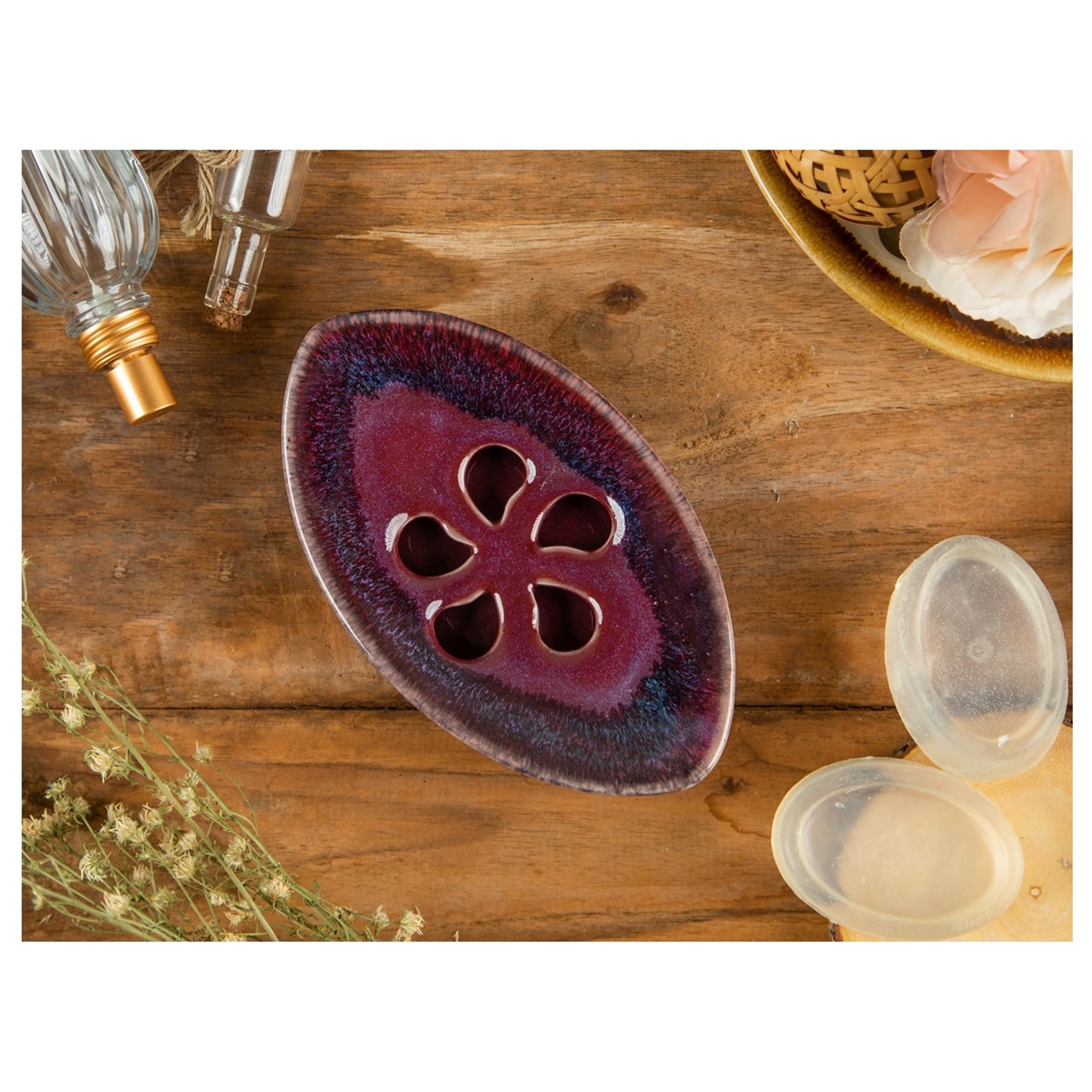 Ceramic Soap Dish with Self Draining Tray - Elegant Purple Bar Soap Holder for Bathroom, Kitchen & Shower - Perfect for Sink Countertops, Vanities and Spa Decor