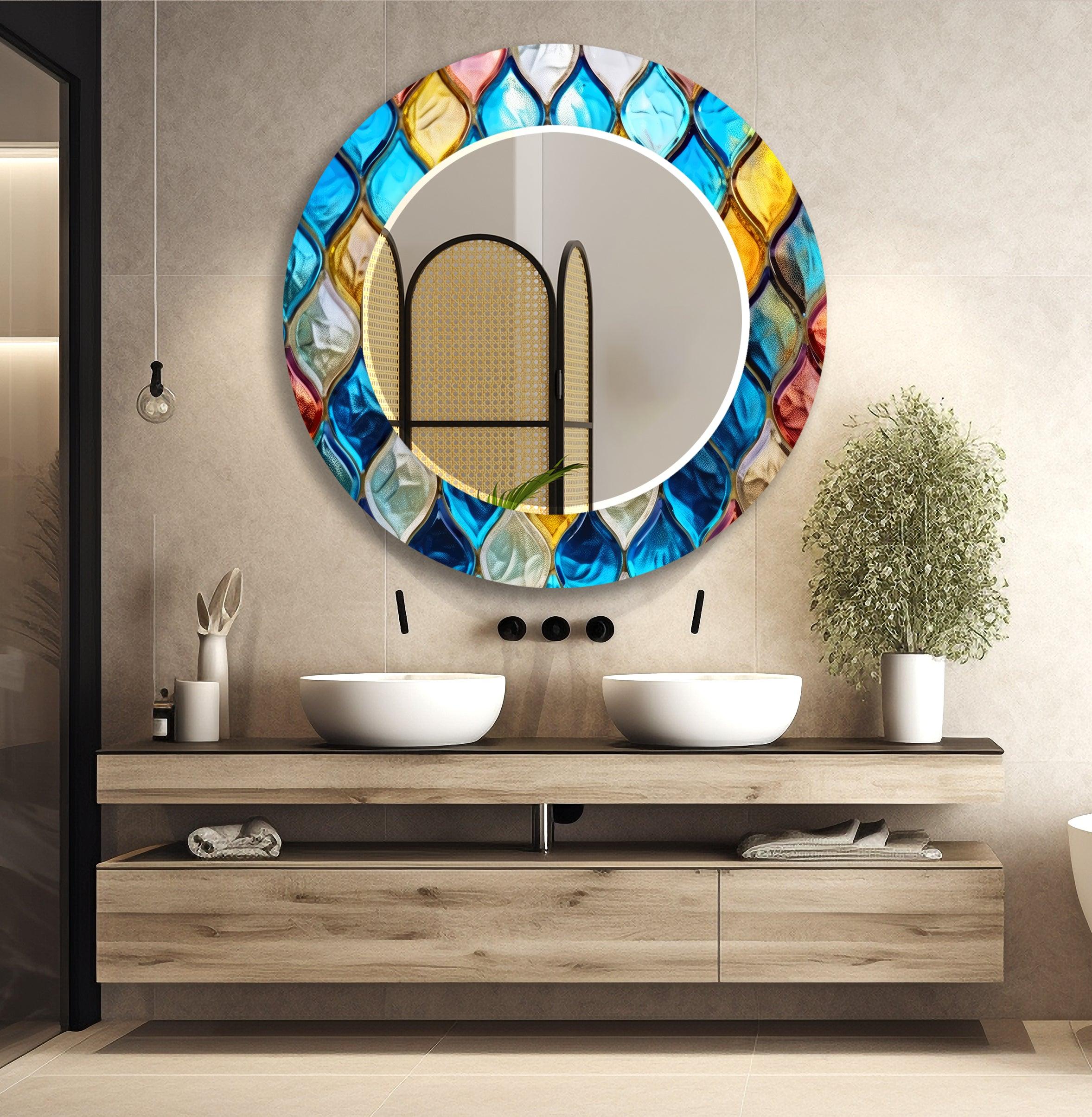 Blue Mosaic Stones Wall Mirror - Handcrafted Decorative Bathroom & Living Room Mirror with Stunning Glass Tile Design - Perfect for Home Decor, Vanity, and Entryway