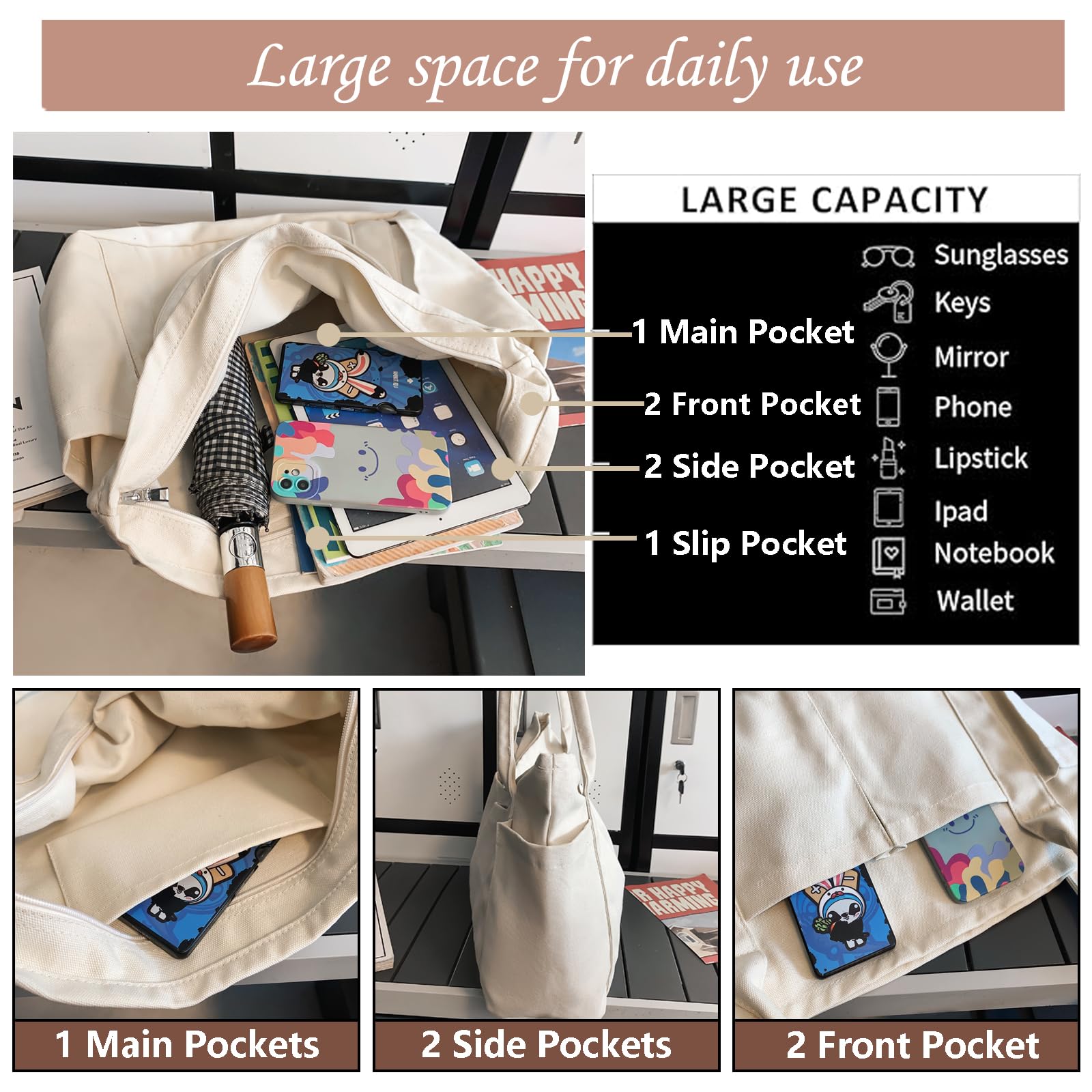 Large Canvas Tote Bag with 2 Front Pockets - Durable Carryall Laptop Bag for Women & Men - Heavy Duty Everyday Shopping, Work, Beach & Travel Tote
