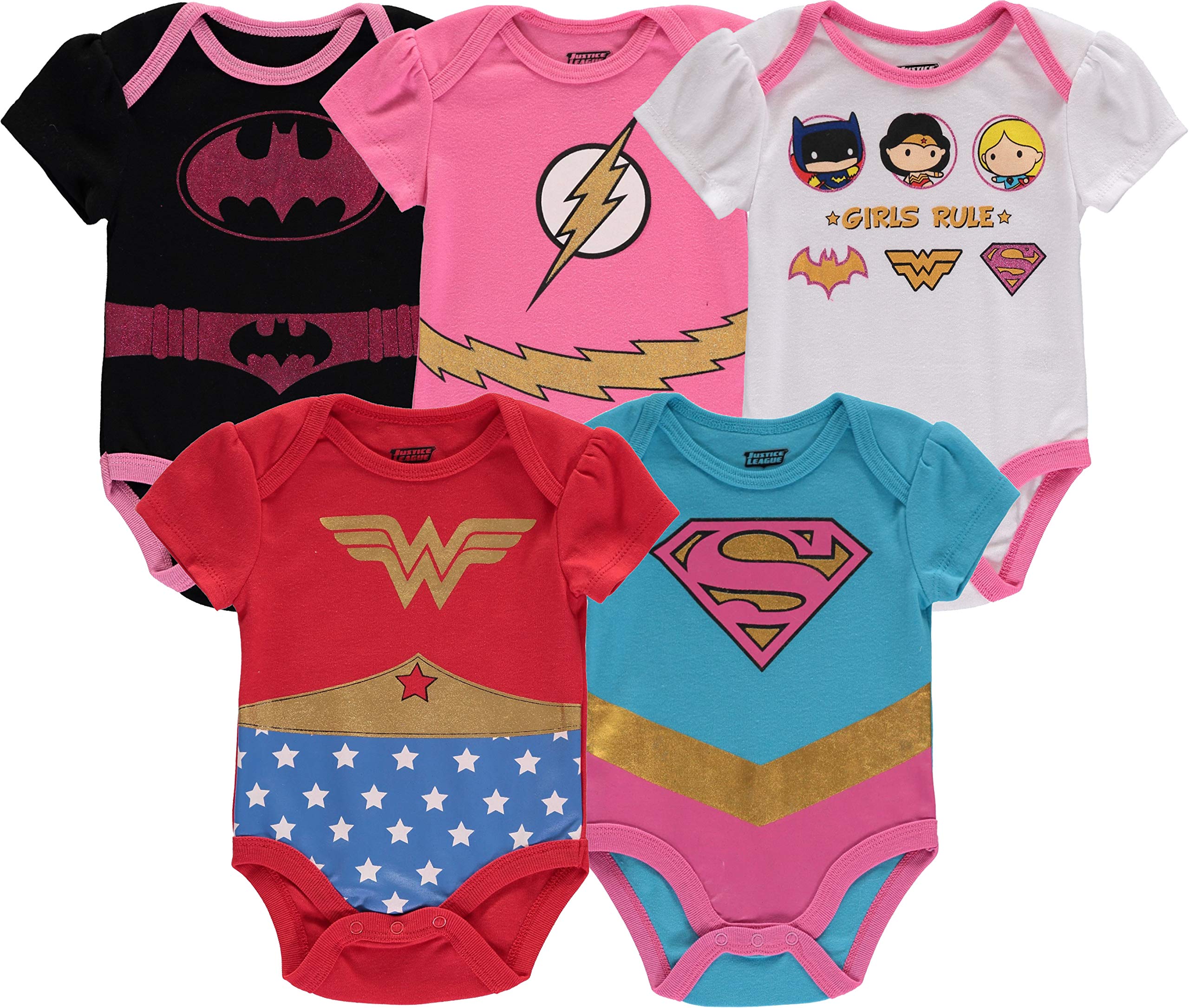 DC Comics Justice League Baby Girls Bodysuit 5-Pack - Cute Superhero Outfits for Infant Girls (Multi, 12 Months) - Perfect for Playdates, Photo Shoots & Superhero-Themed Birthday Parties