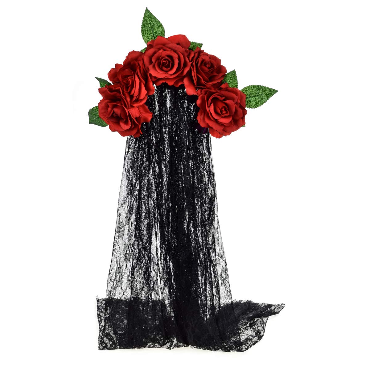 June Bloomy Day of the Dead Floral Crown - Mexican Rose Flower Headband with Veil for Halloween Costume, Dia de los Muertos Celebration & Festival Accessories