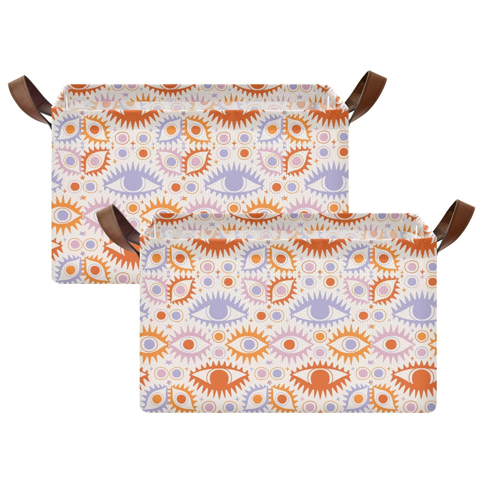 Bohemian Orange & Purple Collapsible Fabric Storage Bins with Handles - 2 Pack Foldable Cube Organizers for Home, Closet, Nursery & Office Organization