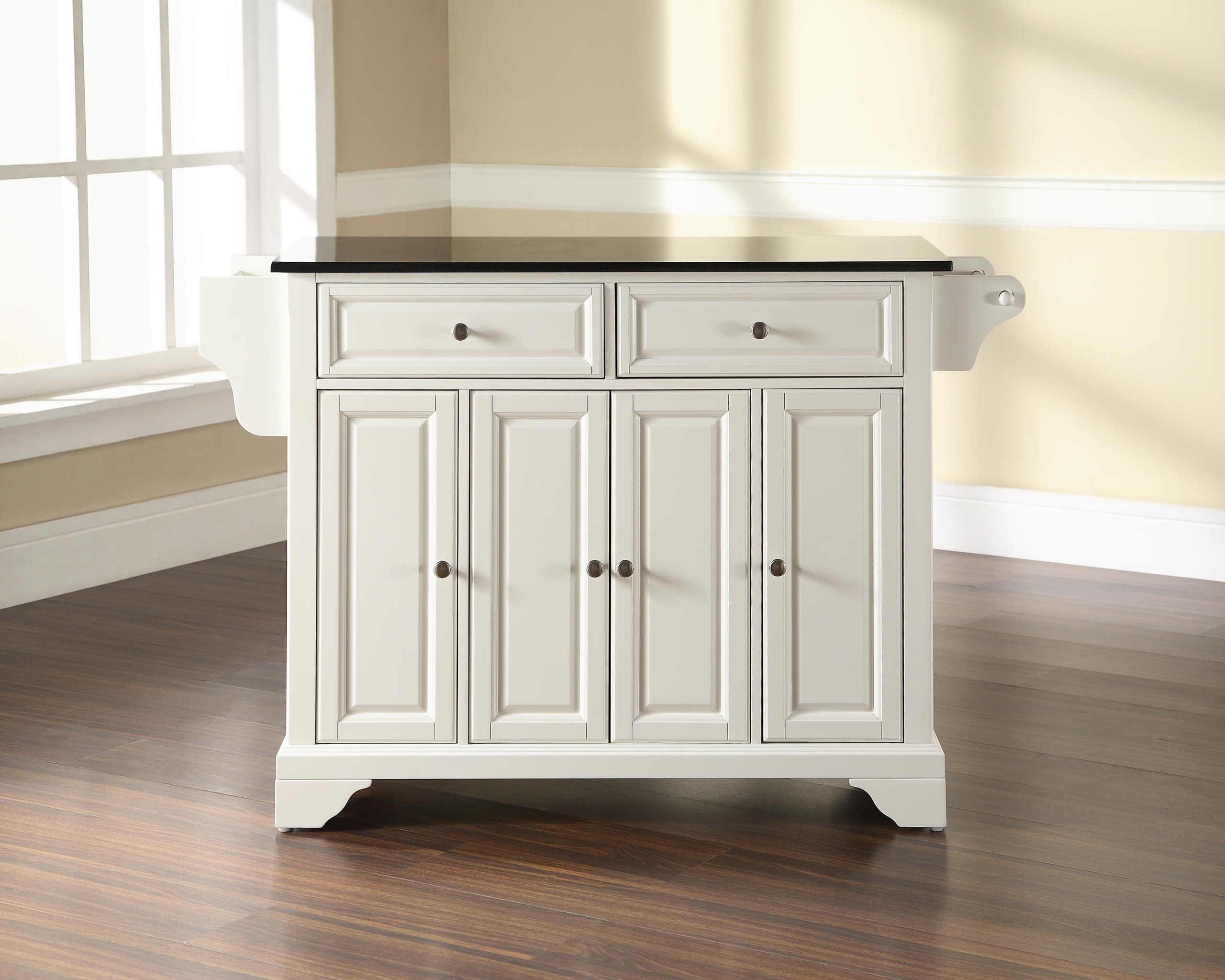 Crosley LaFayette White Granite Top Rolling Kitchen Island Cart with Storage - Microwave Stand & Spice Rack Organizer for Small Kitchen, Dining Room or Apartment